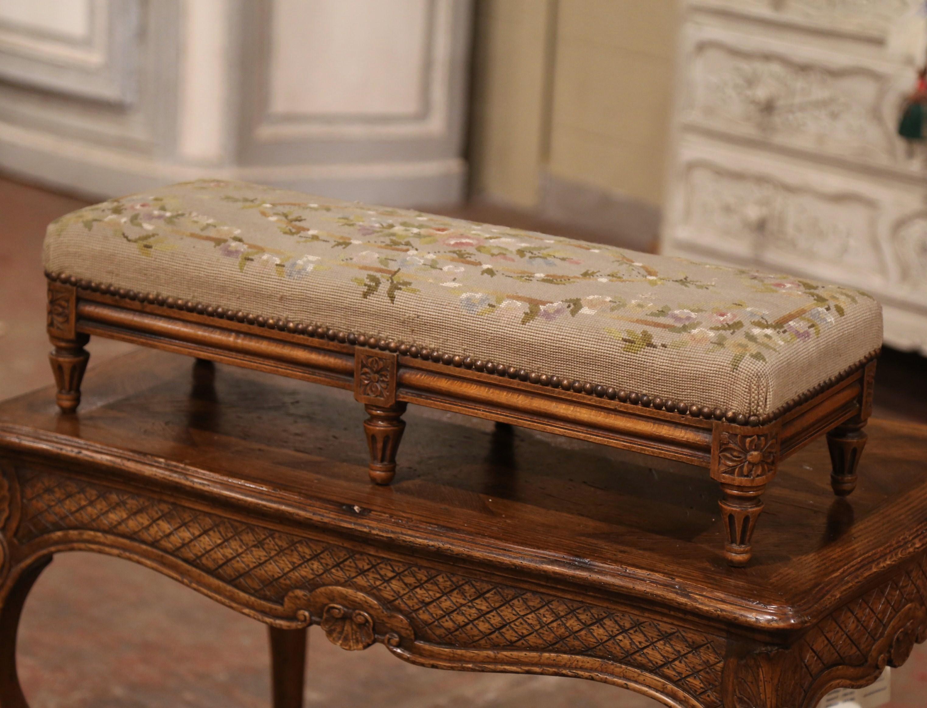 19th Century French Louis XVI Walnut Footstool with Antique Needlepoint Tapestry 2