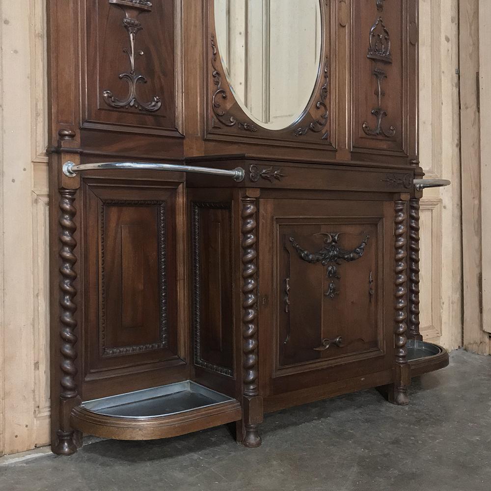 19th Century French Louis XVI Walnut Hall Tree with Nickeled Hardware In Good Condition In Dallas, TX