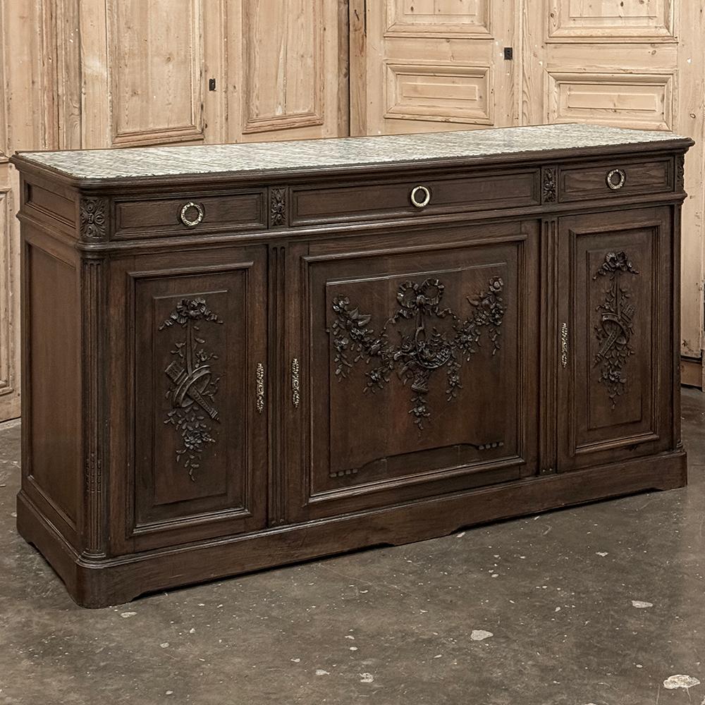 Hand-Carved 19th Century French Louis XVI Walnut Marble Top Buffet ~ Credenza For Sale