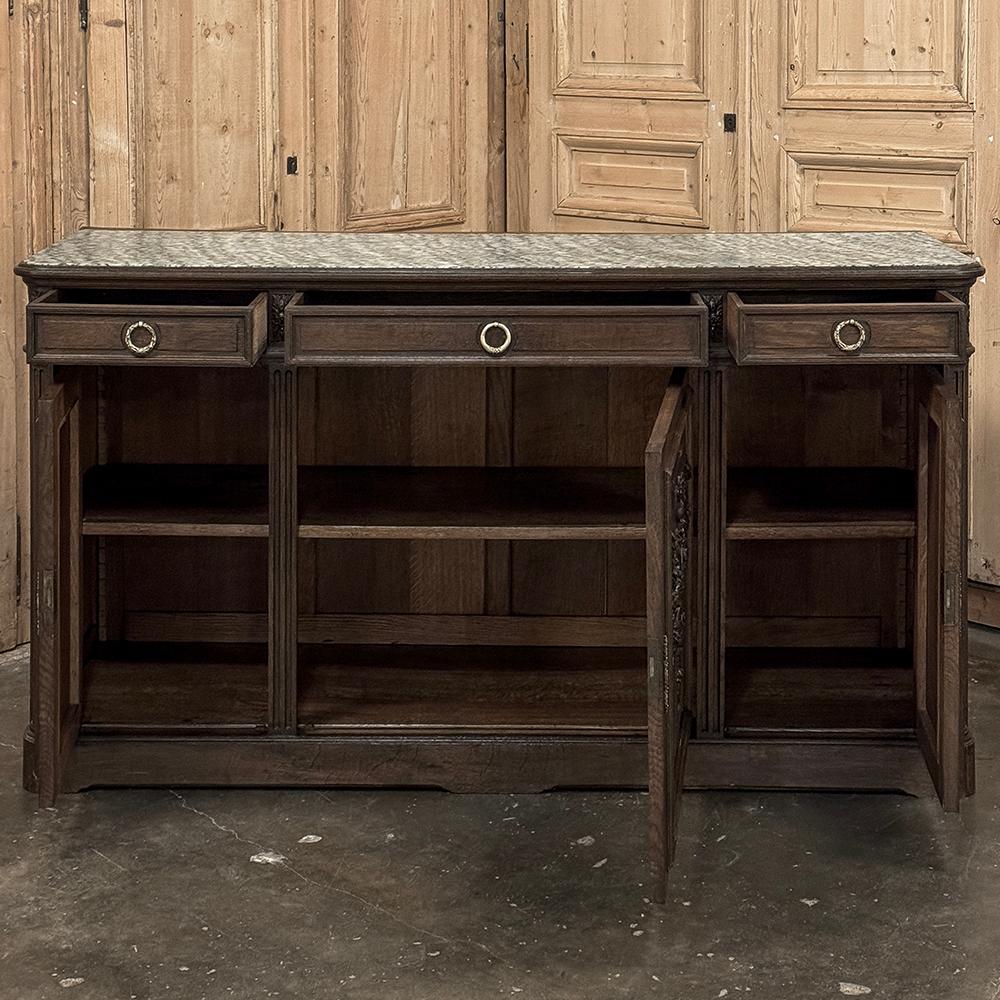 19th Century French Louis XVI Walnut Marble Top Buffet ~ Credenza In Good Condition For Sale In Dallas, TX