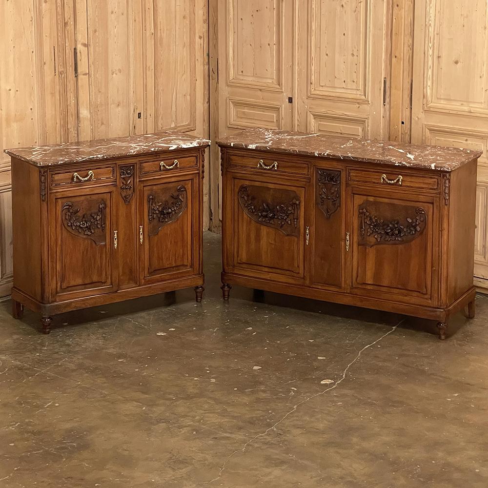 19th century French Louis XVI walnut marble top buffet is a definitively French expression of the neoclassic revival of the styles birthed during the ancient Greek and Roman times that continues to remain popular thousands of years later! This