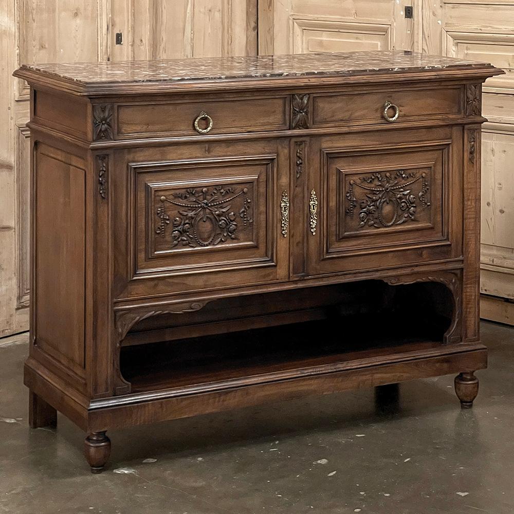 Hand-Carved 19th Century French Louis XVI Walnut Marble Top Buffet For Sale