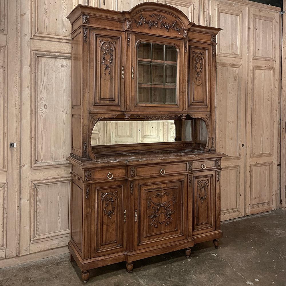 Hand-Carved 19th Century French Louis XVI Walnut Marble Top China Buffet For Sale