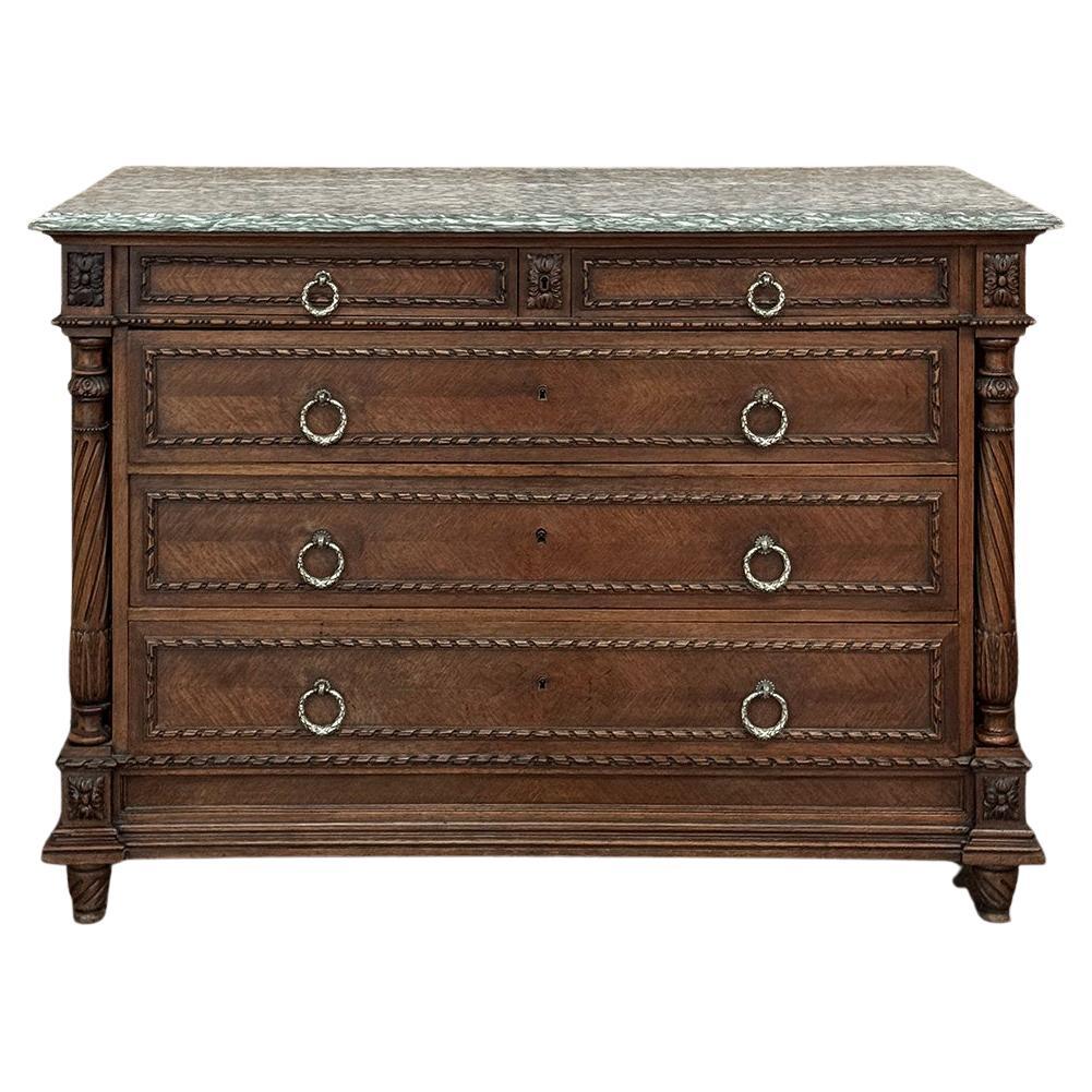 19th Century French Louis XVI Walnut Marble Top Commode For Sale