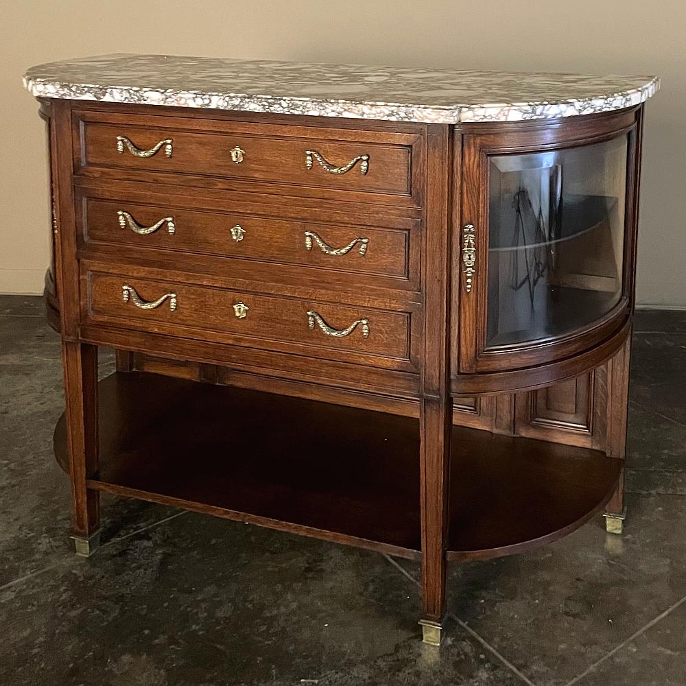 19th Century French Louis XVI Walnut Marble Top Display Buffet ~ Linen Press combines many features and functions into one incredible piece!  Crafted from fine French walnut, it features a neoclassical form and architecture inspired by ancient Greek