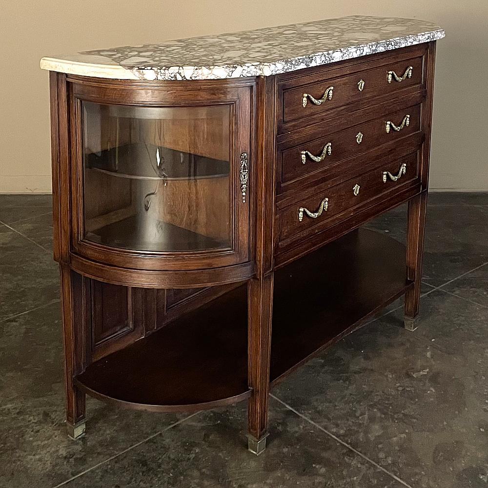 Beveled 19th Century French Louis XVI Walnut Marble Top Display Buffet ~ Linen Press For Sale