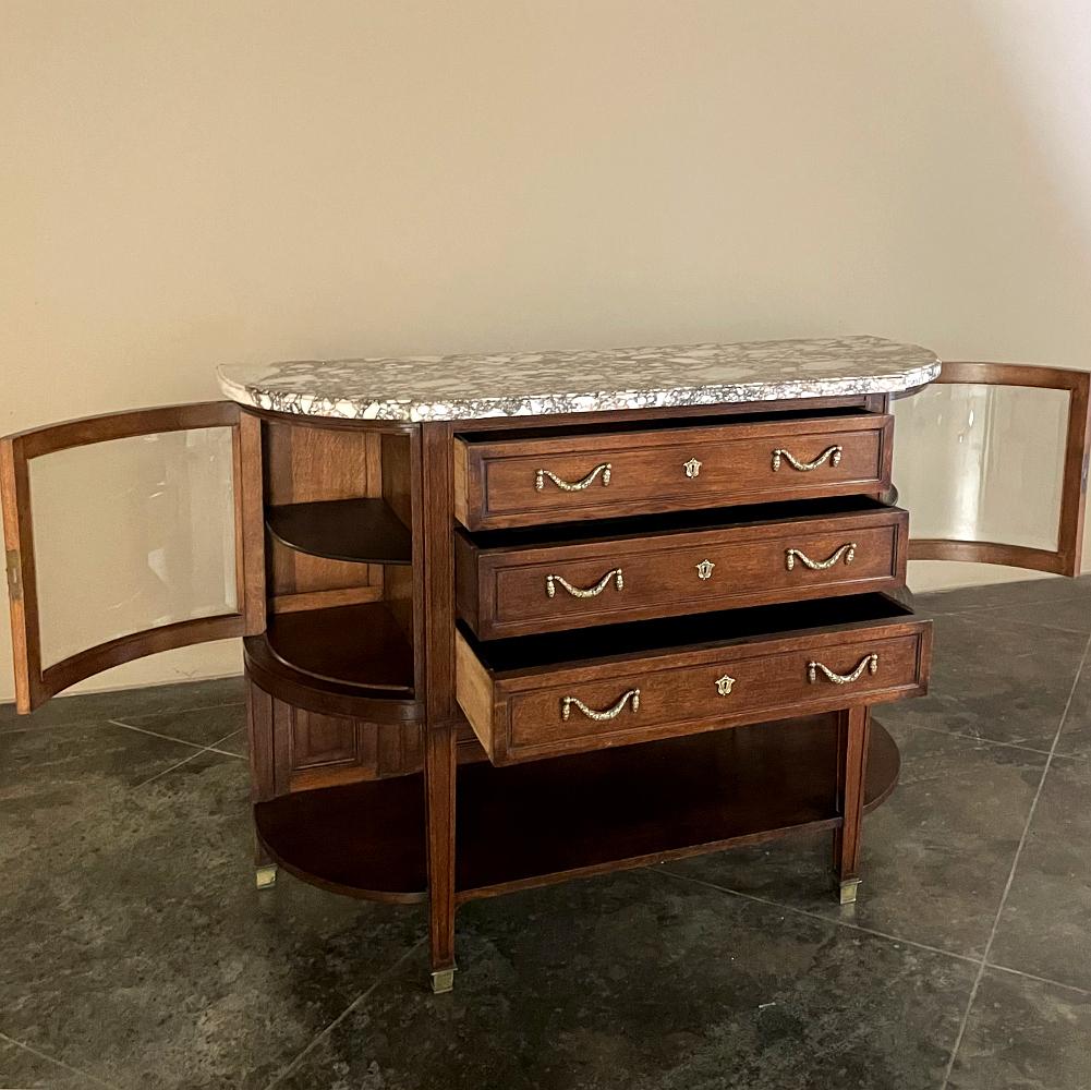 Bronze 19th Century French Louis XVI Walnut Marble Top Display Buffet ~ Linen Press For Sale