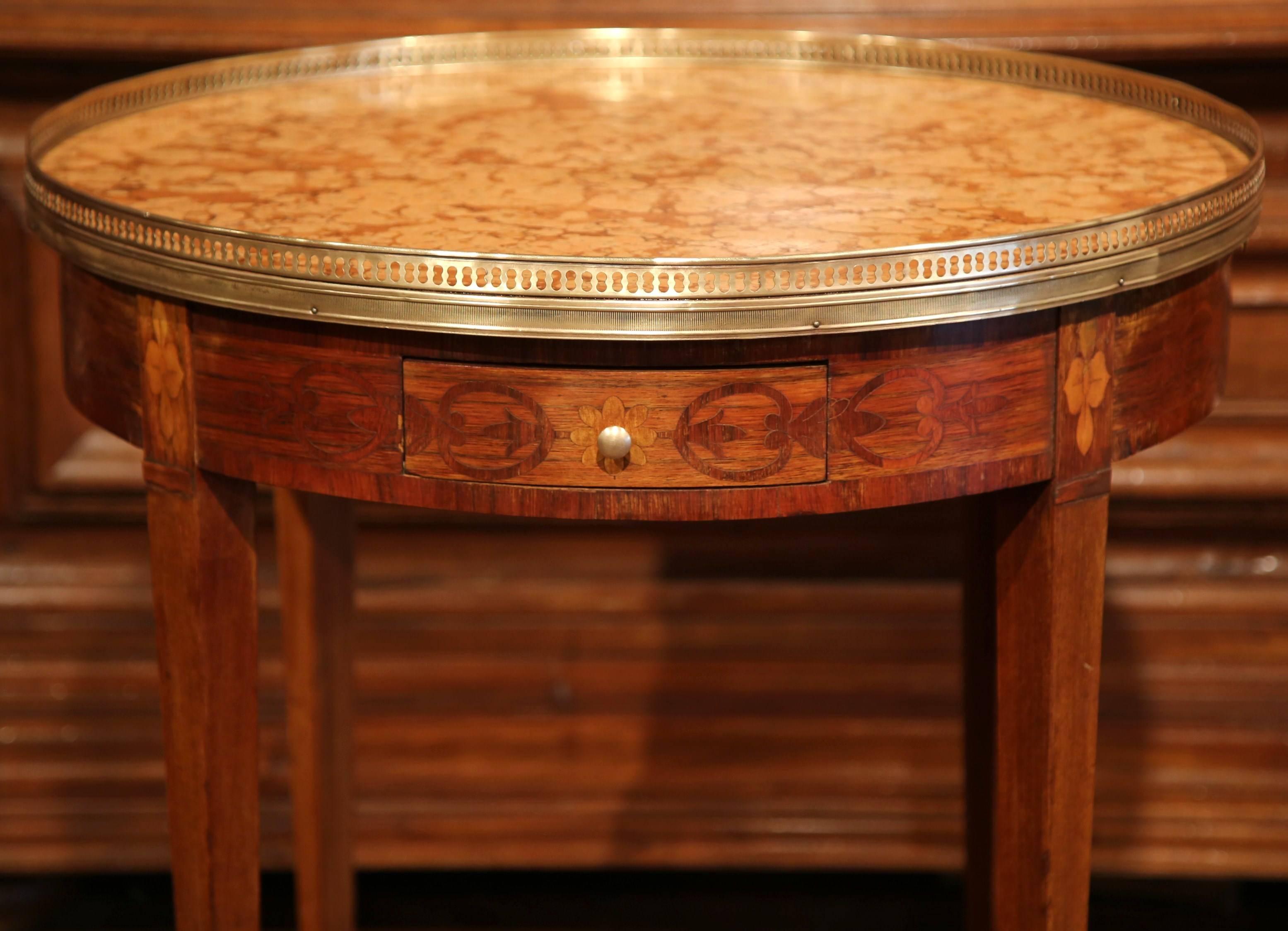 Hand-Carved 19th Century French Louis XVI Walnut Marquetry Gueridon with Marble Top