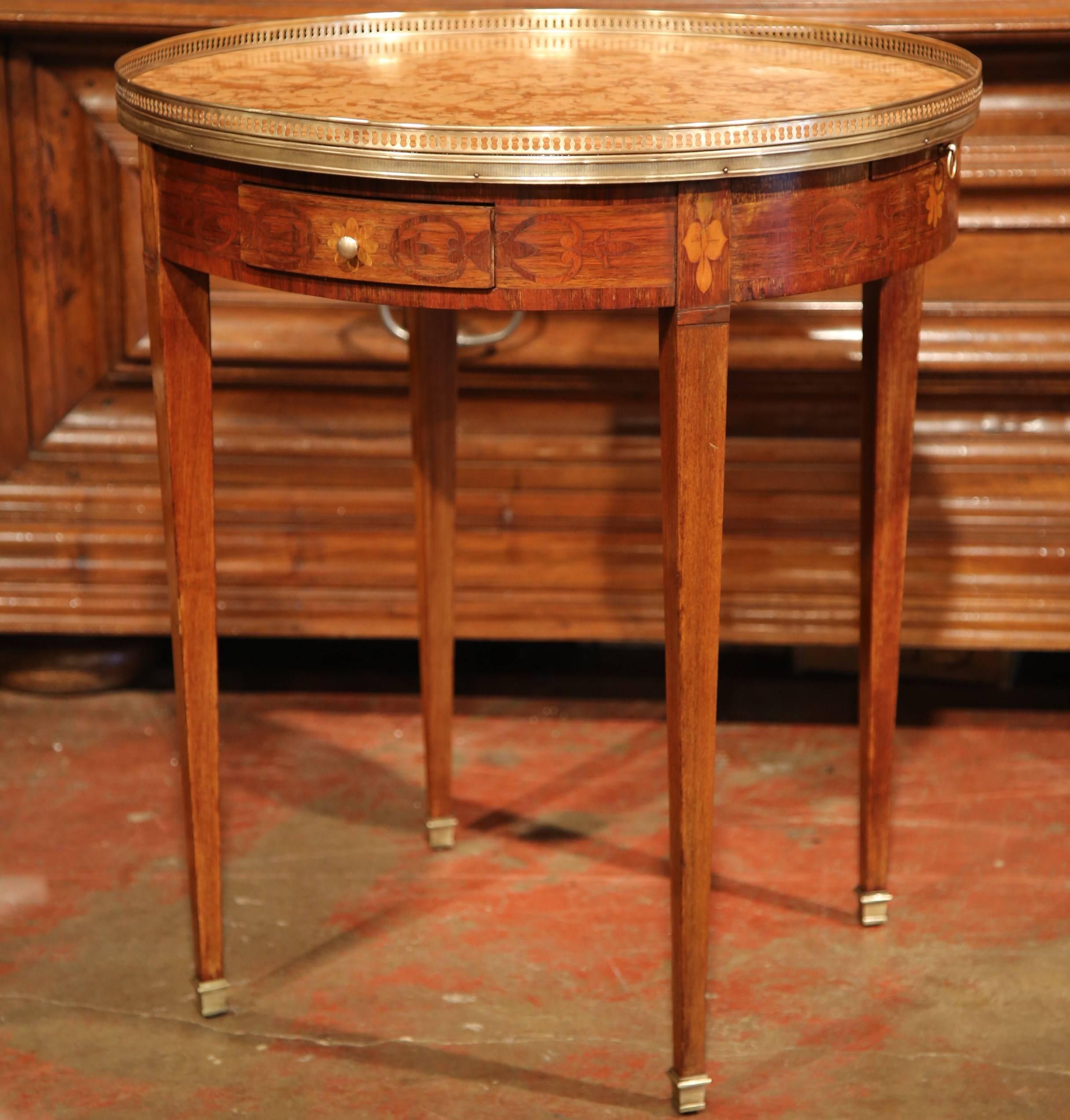 19th Century French Louis XVI Walnut Marquetry Gueridon with Marble Top In Excellent Condition In Dallas, TX