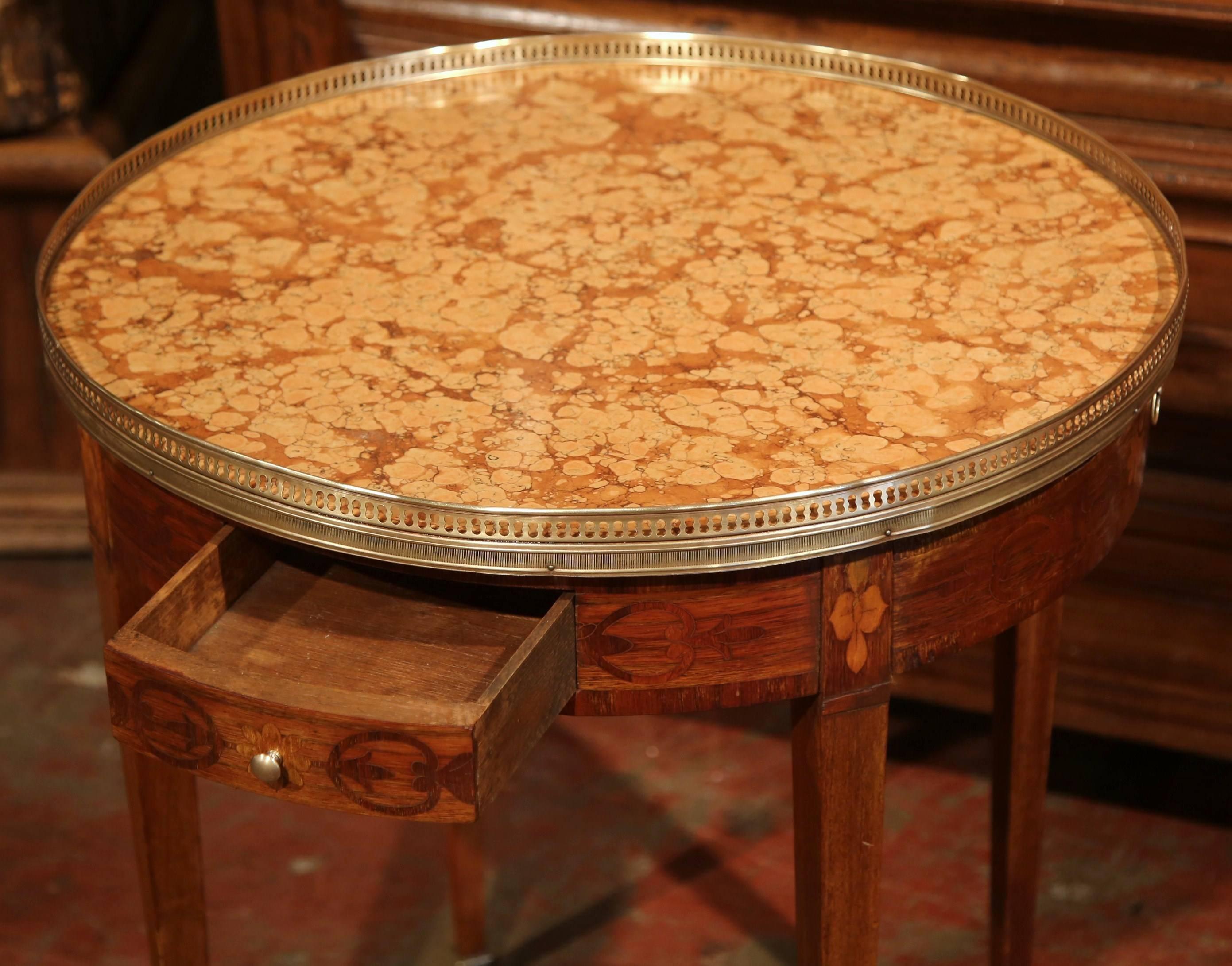 Brass 19th Century French Louis XVI Walnut Marquetry Gueridon with Marble Top