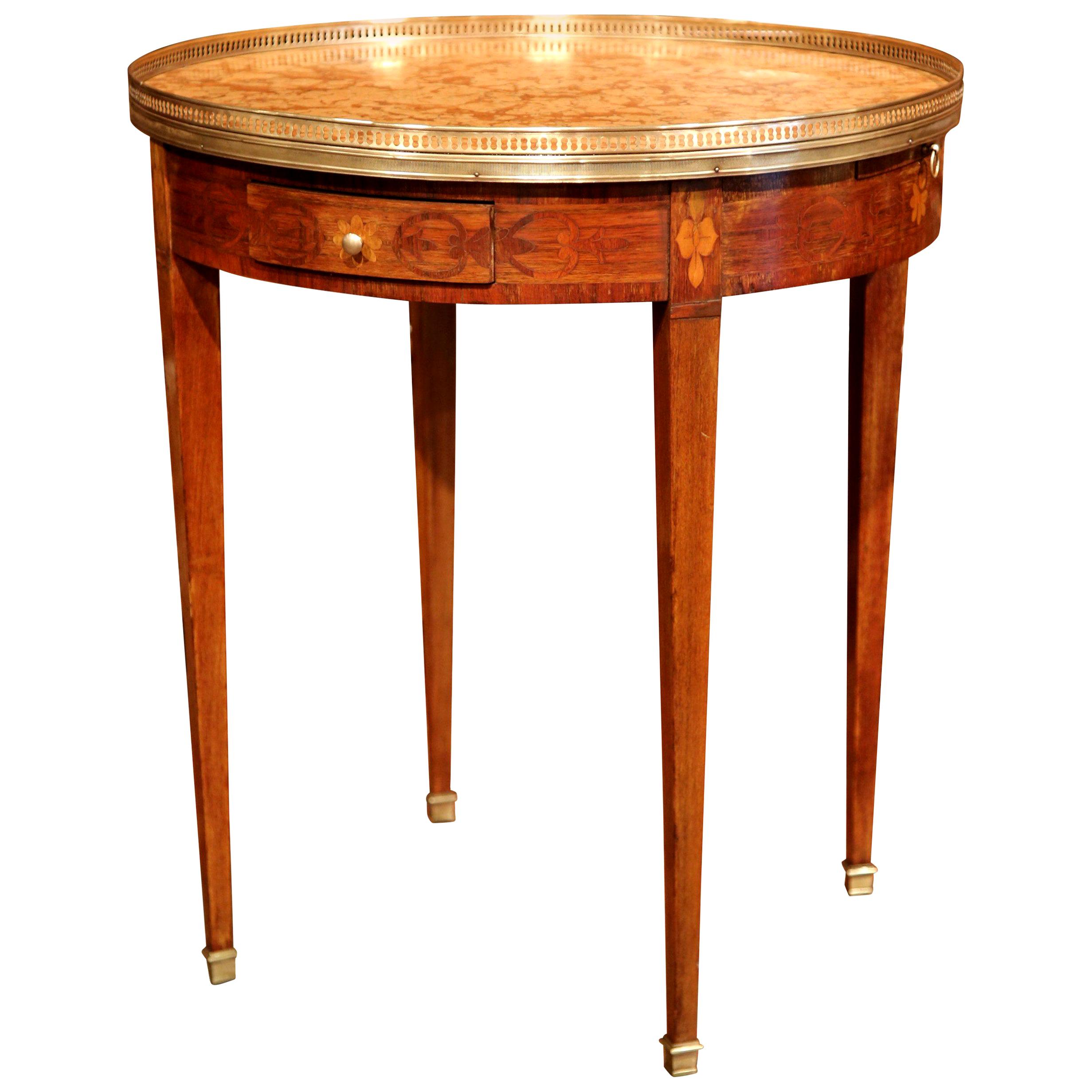 19th Century French Louis XVI Walnut Marquetry Gueridon with Marble Top