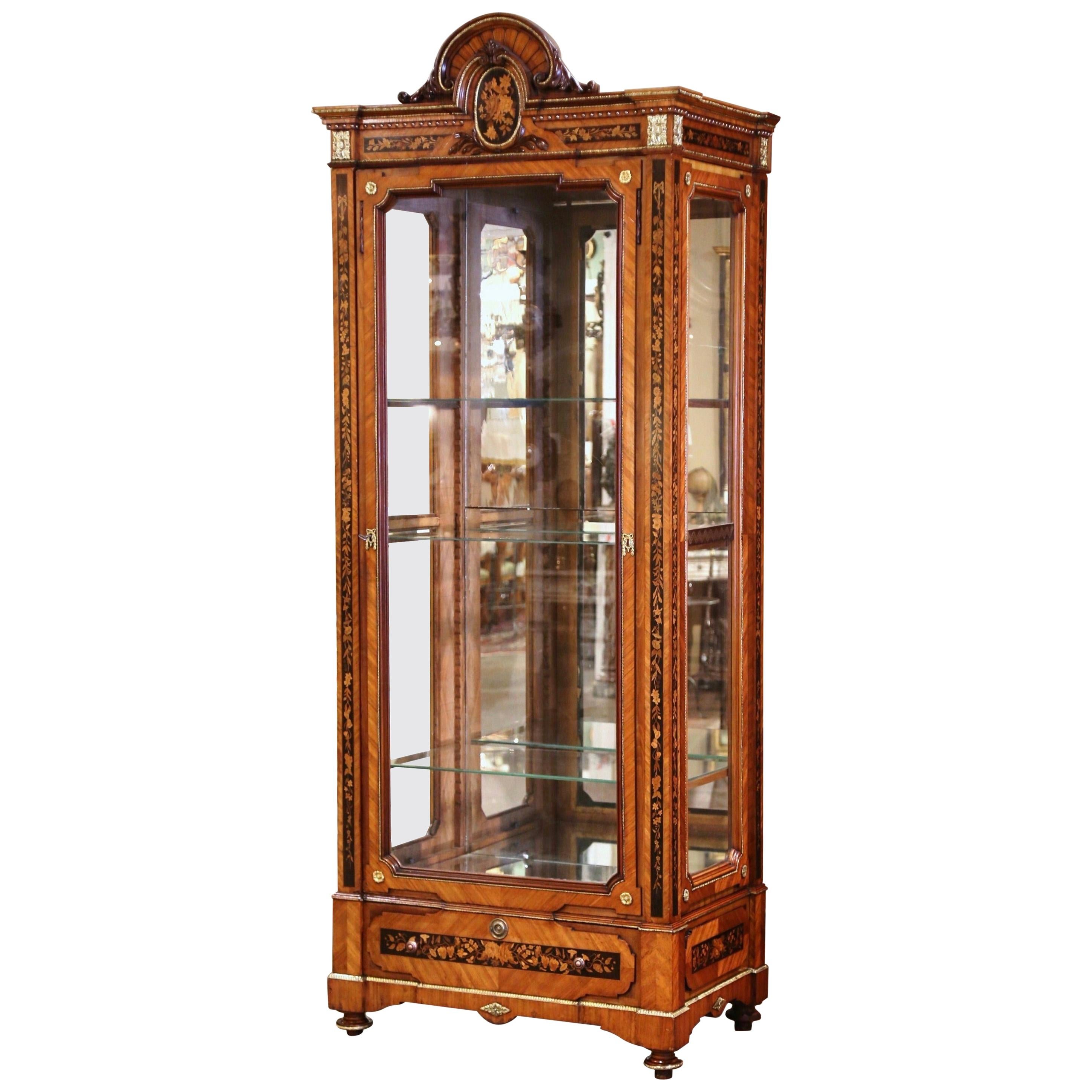 19th Century French Louis XVI Walnut Marquetry Vitrine with Glass Sides and Door