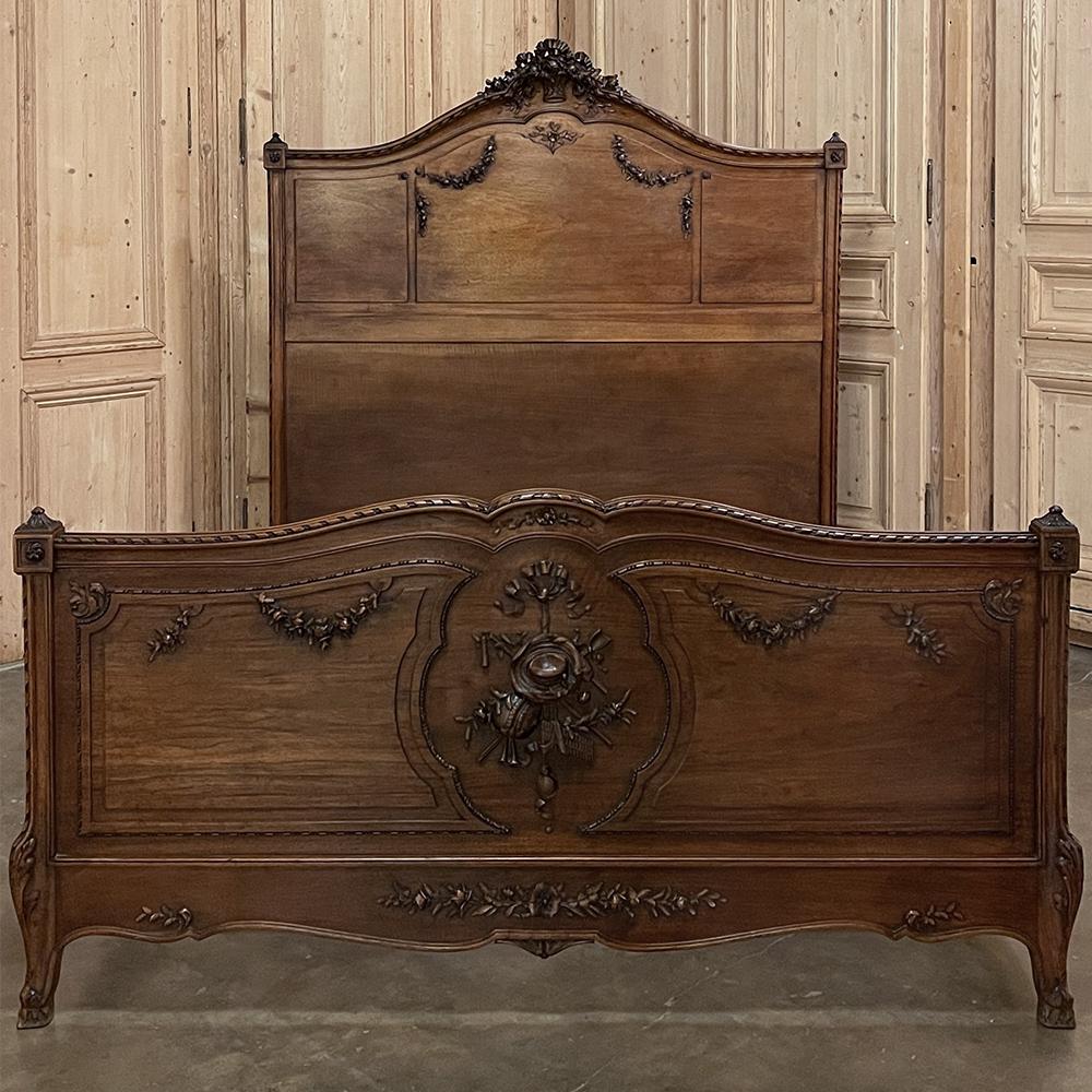 Hand-Carved 19th Century French Louis XVI Walnut Queen Bed