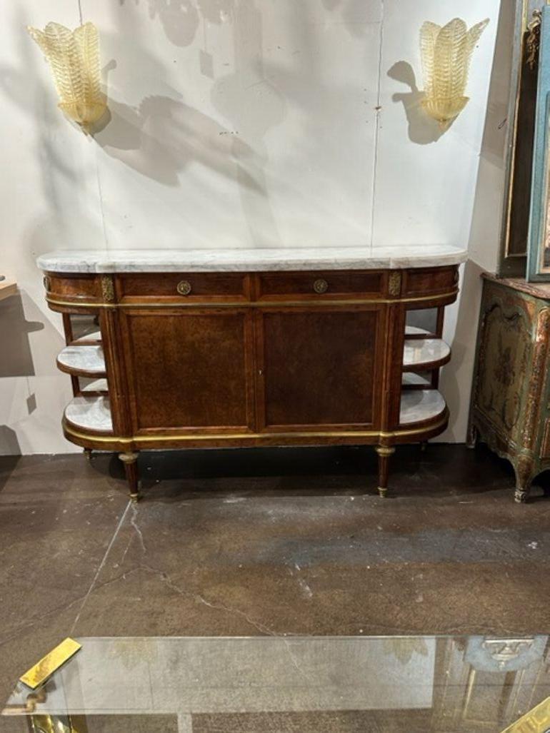 Very fine 19th century French Louis XVI burl walnut server with Carrara marble top. Excellent quality and so elegant!!