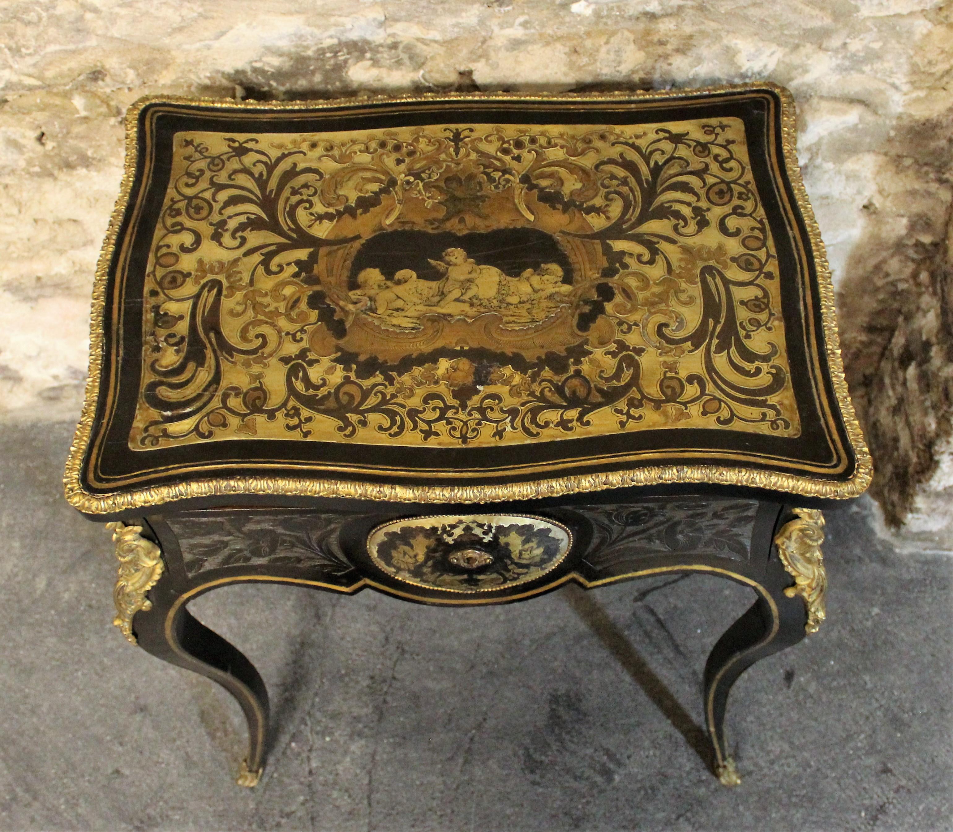 Wood 19th Century French Louis XVI Style Boulle and Ebonized Lowboy or Serving Table For Sale