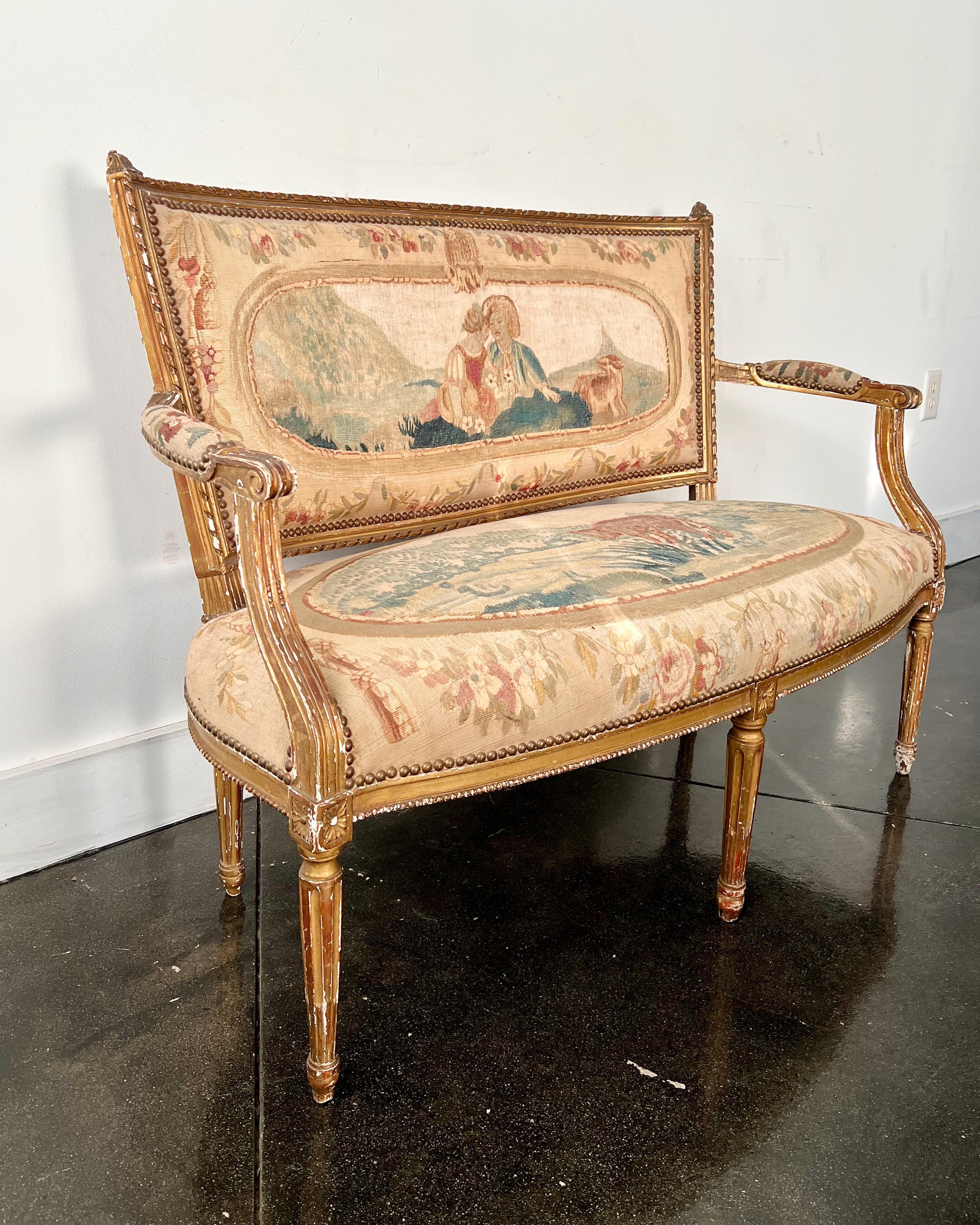 Louis XVI 19th century French LXVI Style Gilt-wood Settee in Aubusson Tapestry Upholstery  For Sale