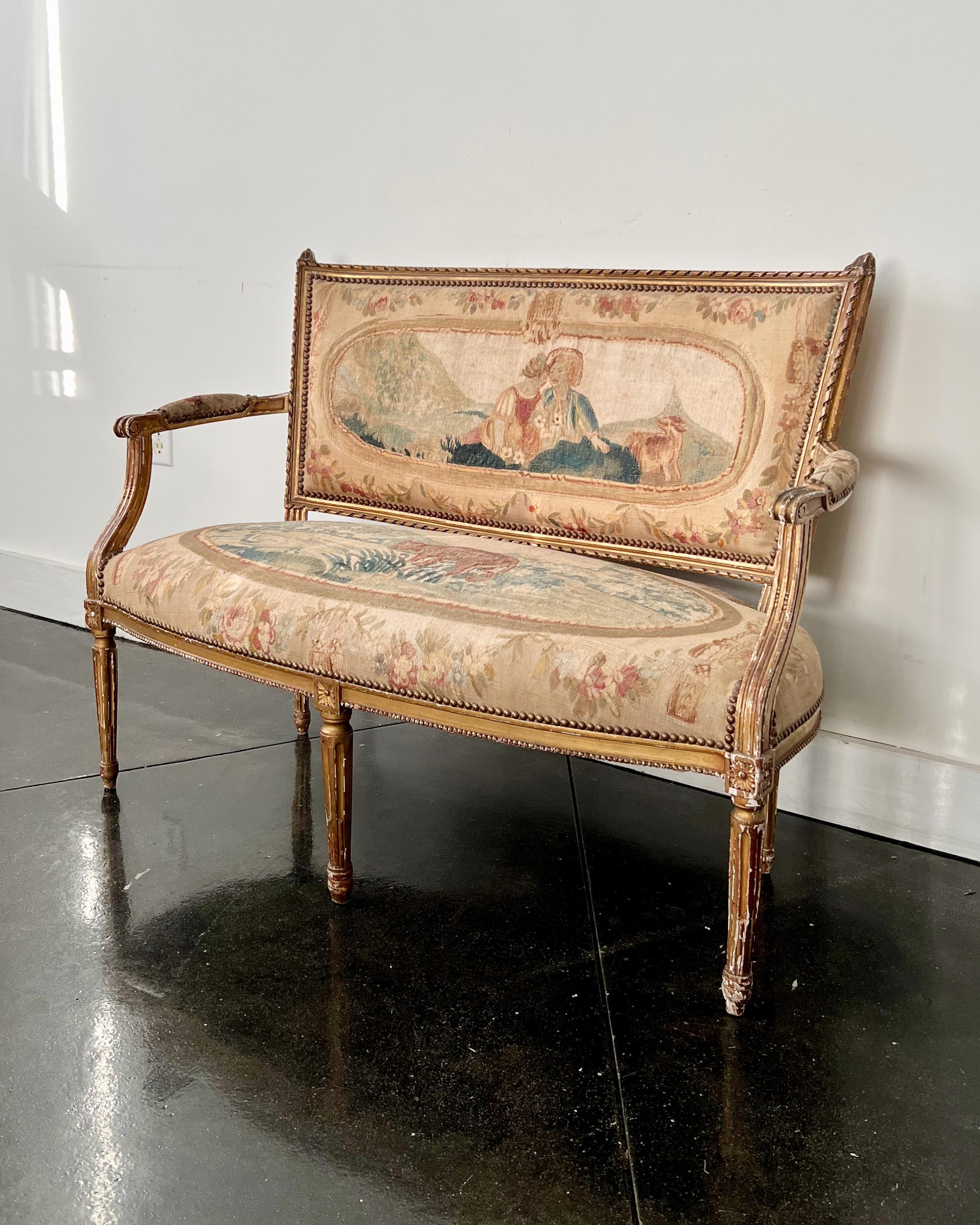 Hand-Carved 19th century French LXVI Style Gilt-wood Settee in Aubusson Tapestry Upholstery  For Sale