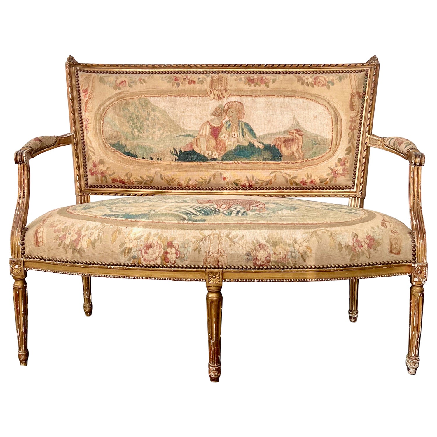 Sillón de madera dorada estilo LXVI francés del siglo XIX con tapicería de tapiz de Aubusson