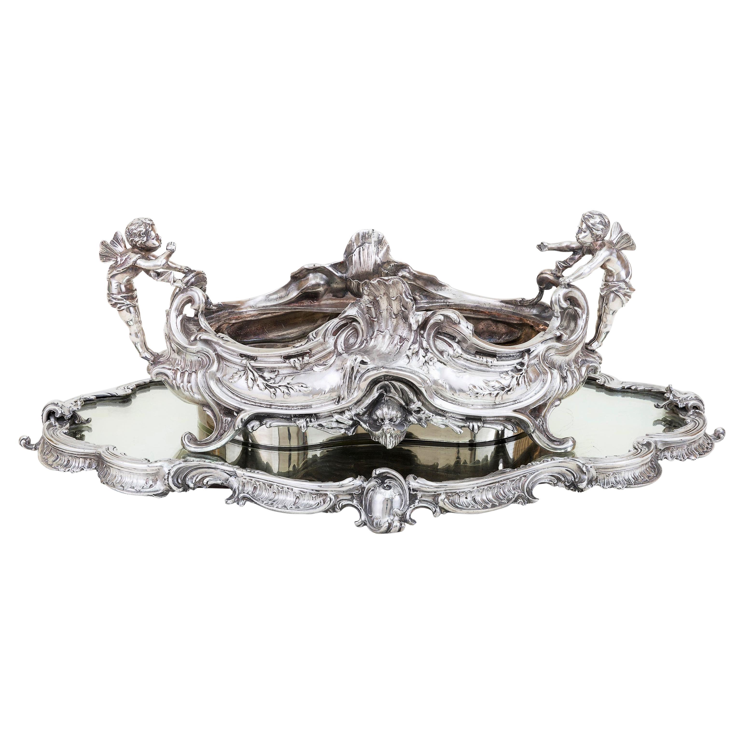 19th Century French, Magnificent Silver Plated Centrepiece with Mirror Base For Sale