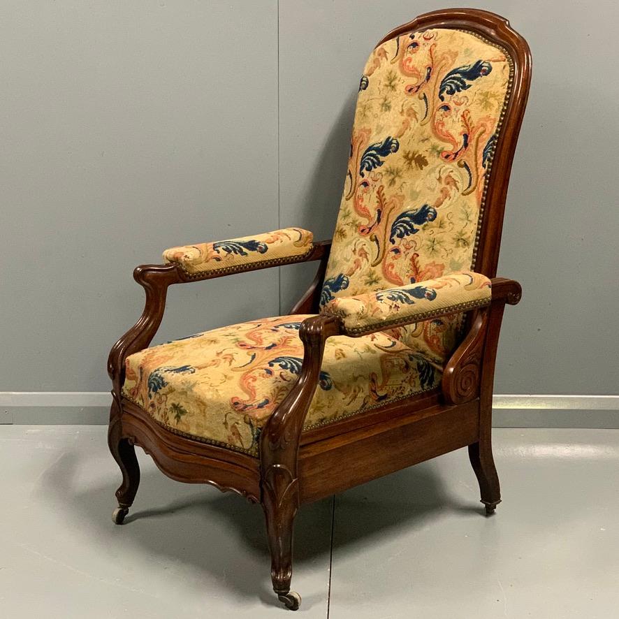An exceptionally good quality French 19th century adjustable armchair with generous proportions and is extremely comfortable, whether in the standard setting or in the numerous reclined settings, not forgetting the additional foot support