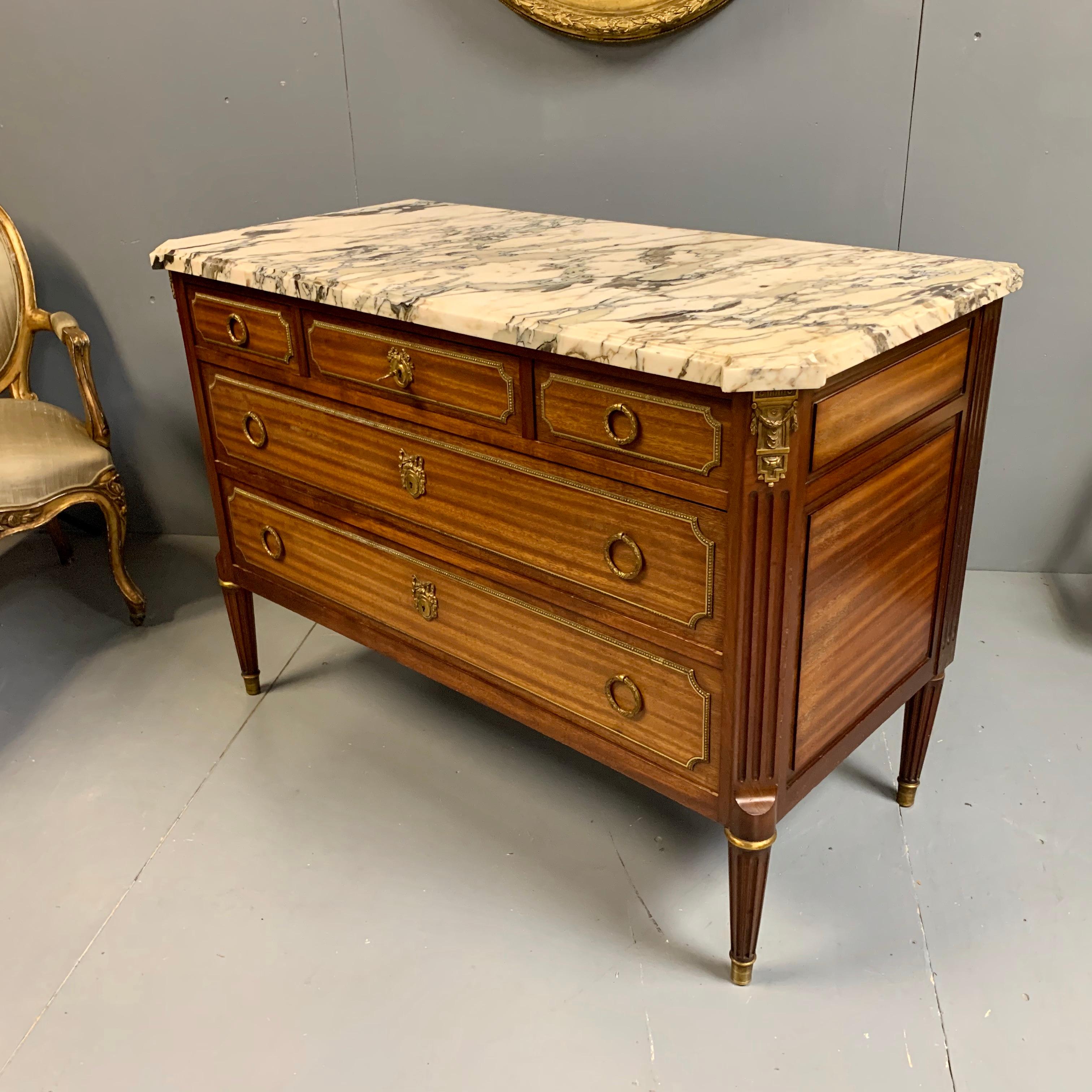 Neoclassical 19th Century French Mahogany and Brass Mounted Commode with Original Marble Top