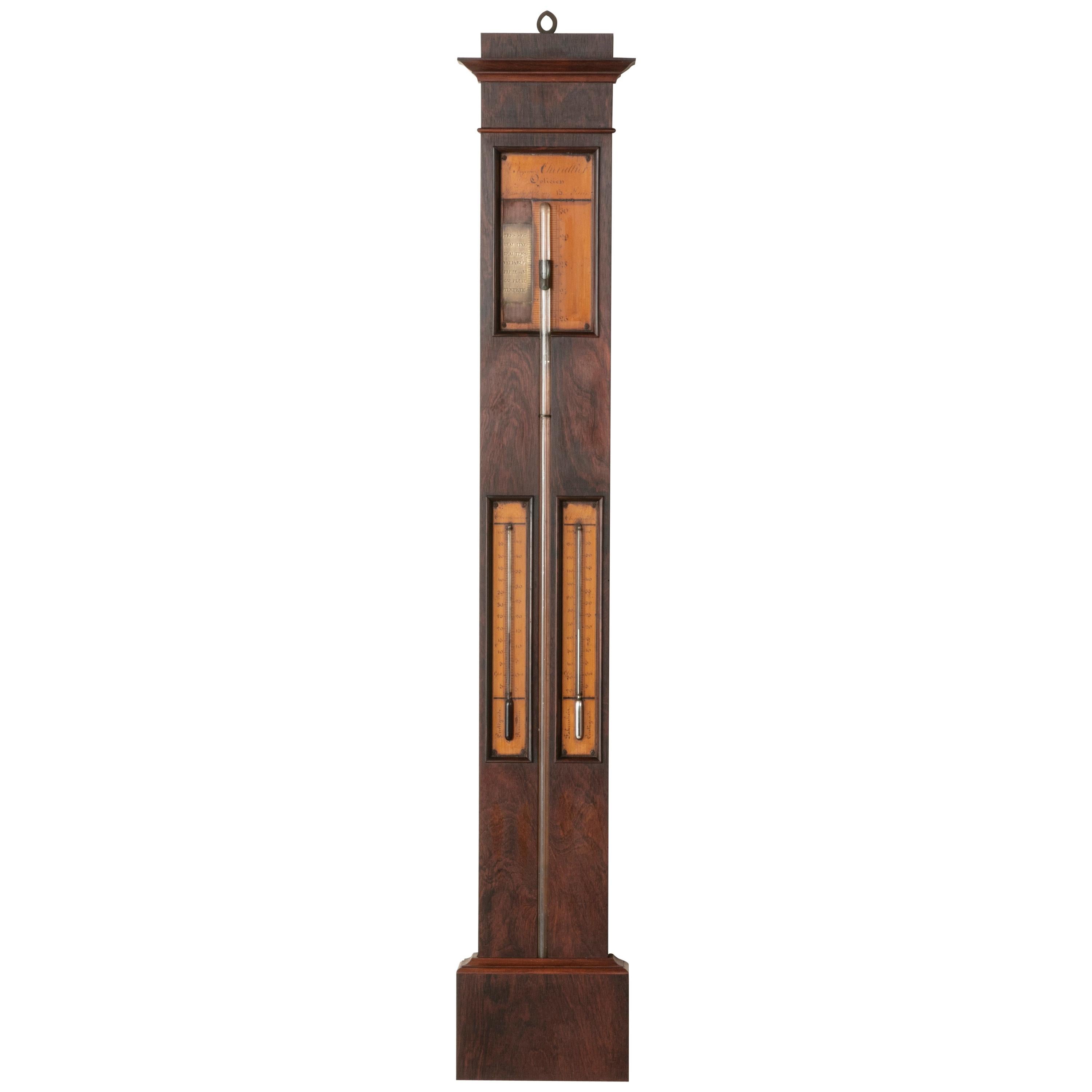 19th Century French Mahogany and Lemon Wood Barometer, Signed Chevallier