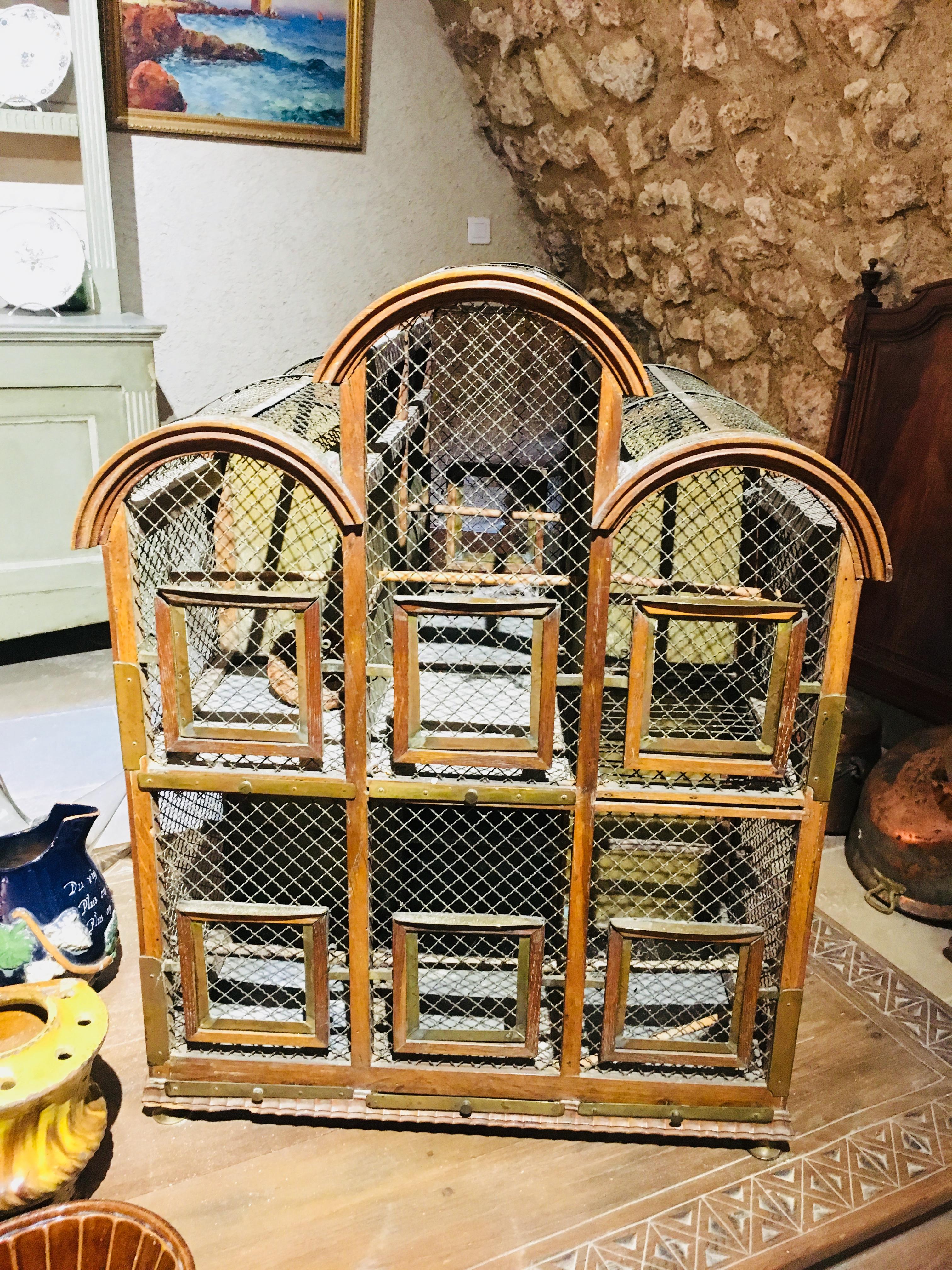 19th Century French Mahogany Architectural Bird Cage with Brass Elements 1