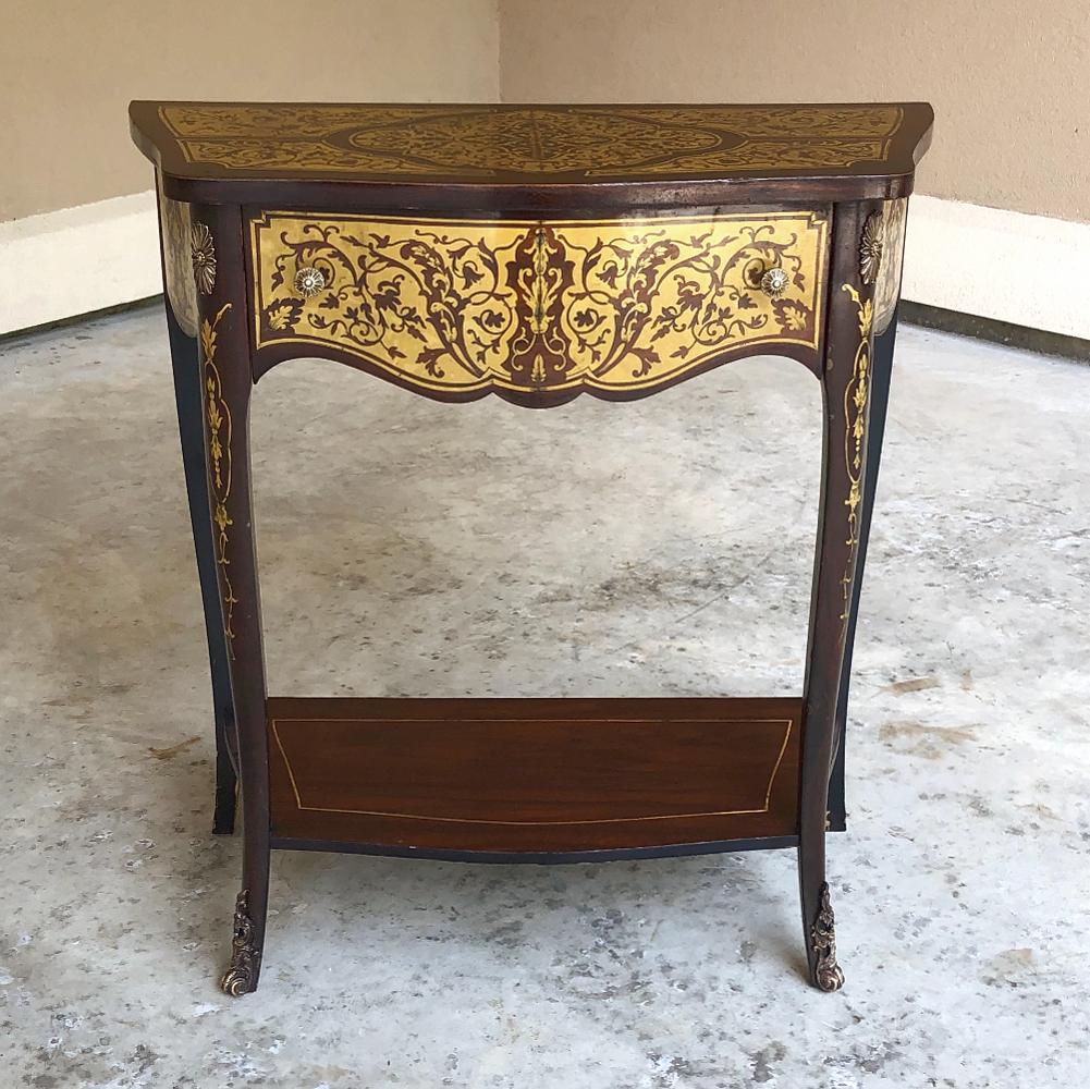 Hand-Crafted 19th Century French Mahogany Console Intricately Inlaid with Brass