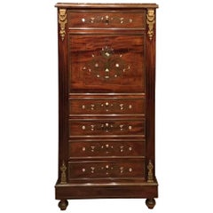 19th Century French Mahogany, Brass Inlaid Secretaire Abattant