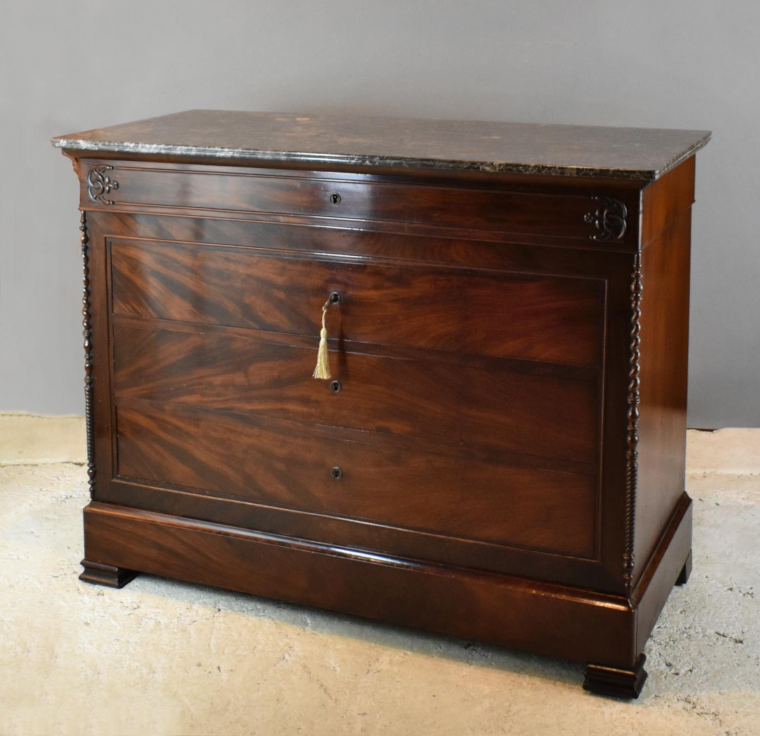 Carved 19th Century French Mahogany Commode Chest of Drawers For Sale