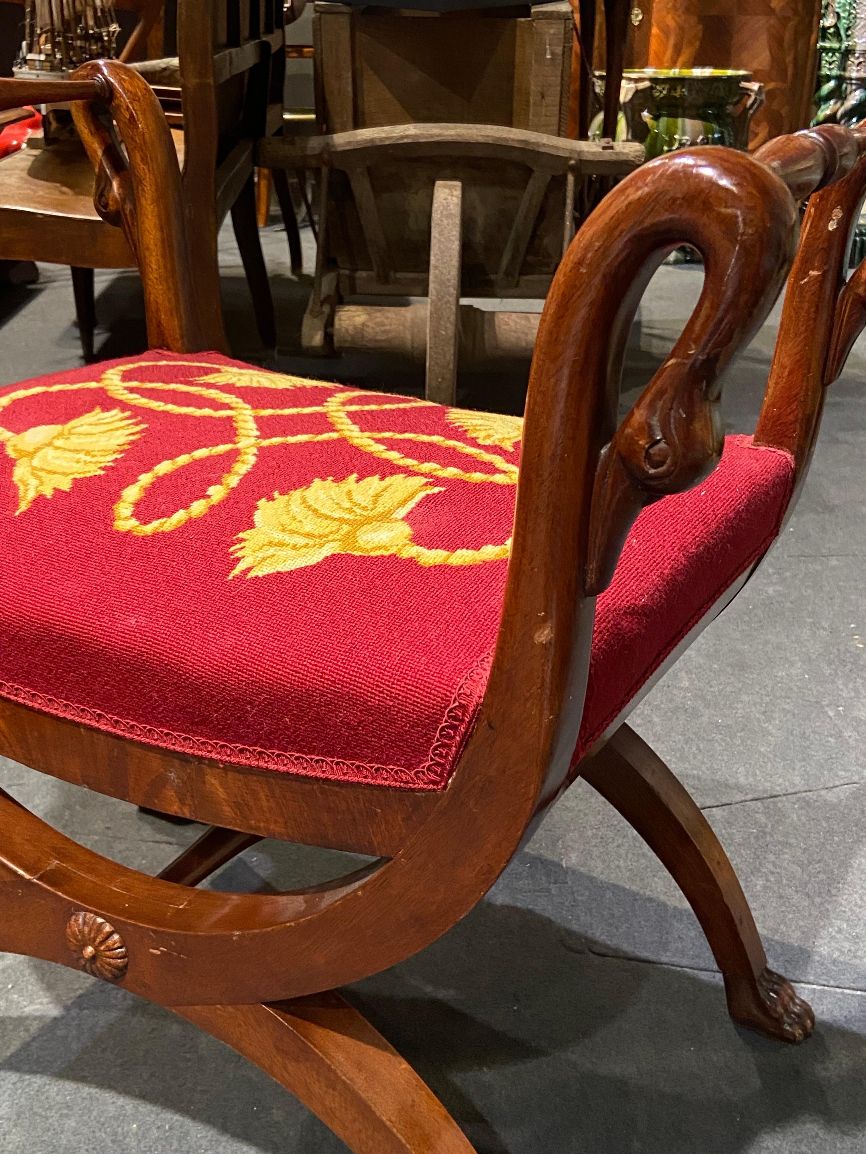 Hand-Carved 19th Century French Mahogany Curule Stool with Swan's Armrests For Sale