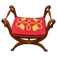 19th Century French Mahogany Curule Stool with Swan's Armrests