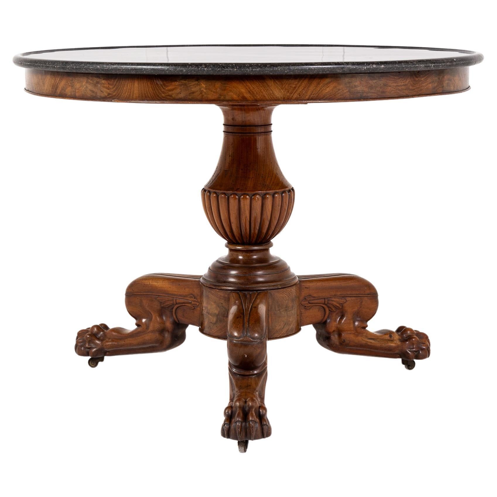 Table Guéridon/Centre en acajou français du 19e siècle avec plateau en marbre