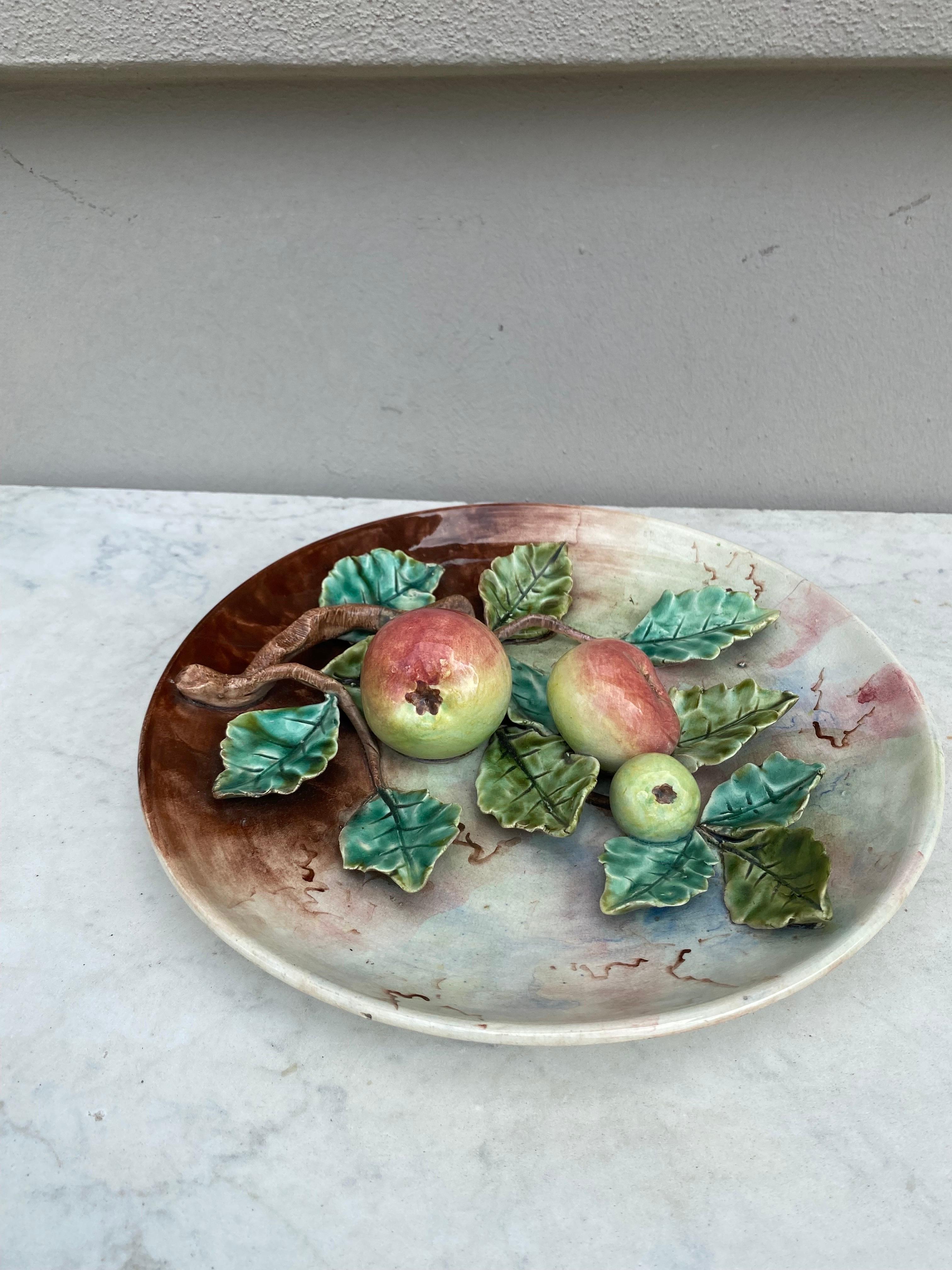 Rustic 19th Century French Majolica Apples Fives Lille Platter For Sale