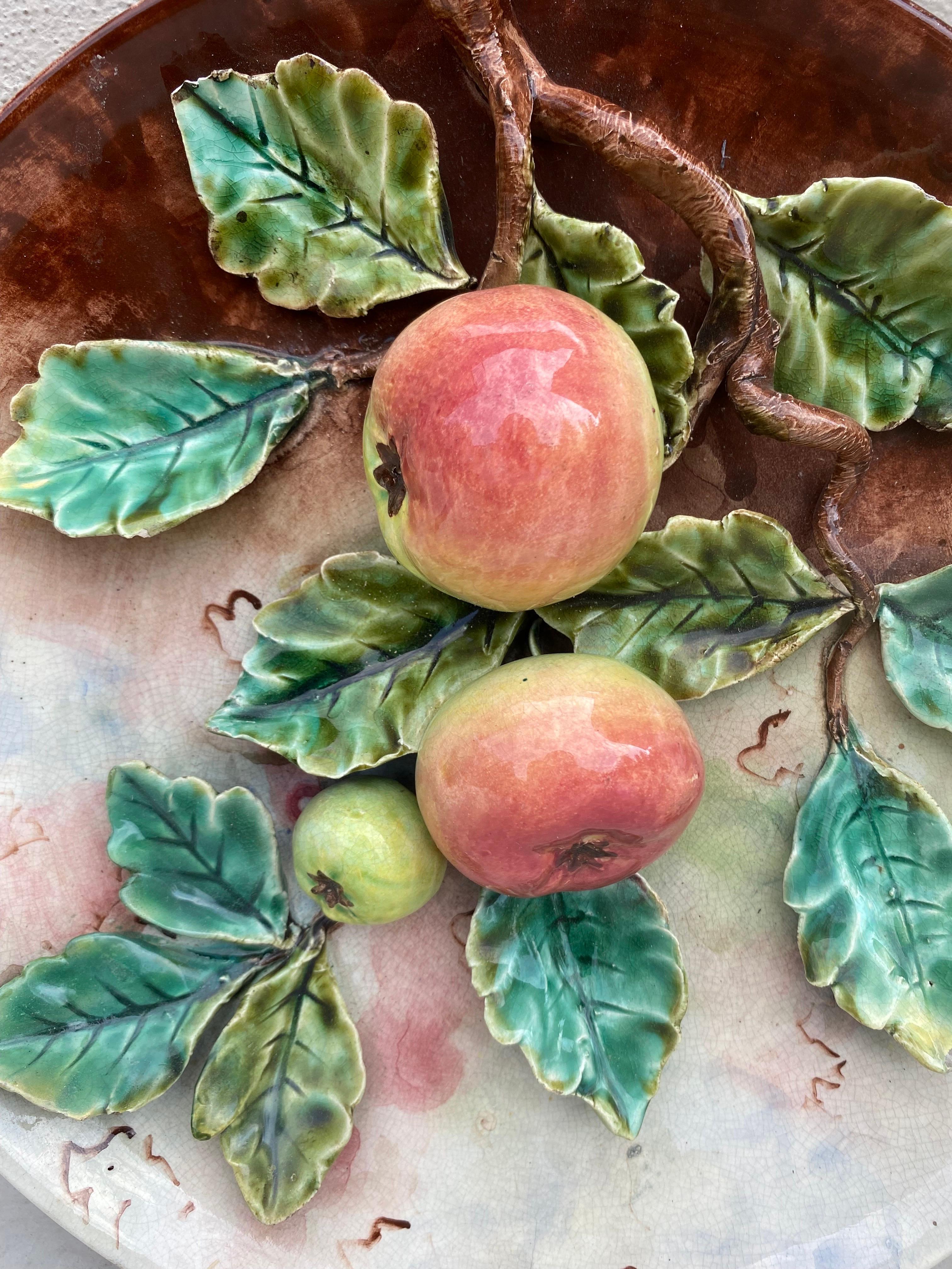 Rustic 19th Century, French Majolica Apples Fives Lille Platter For Sale