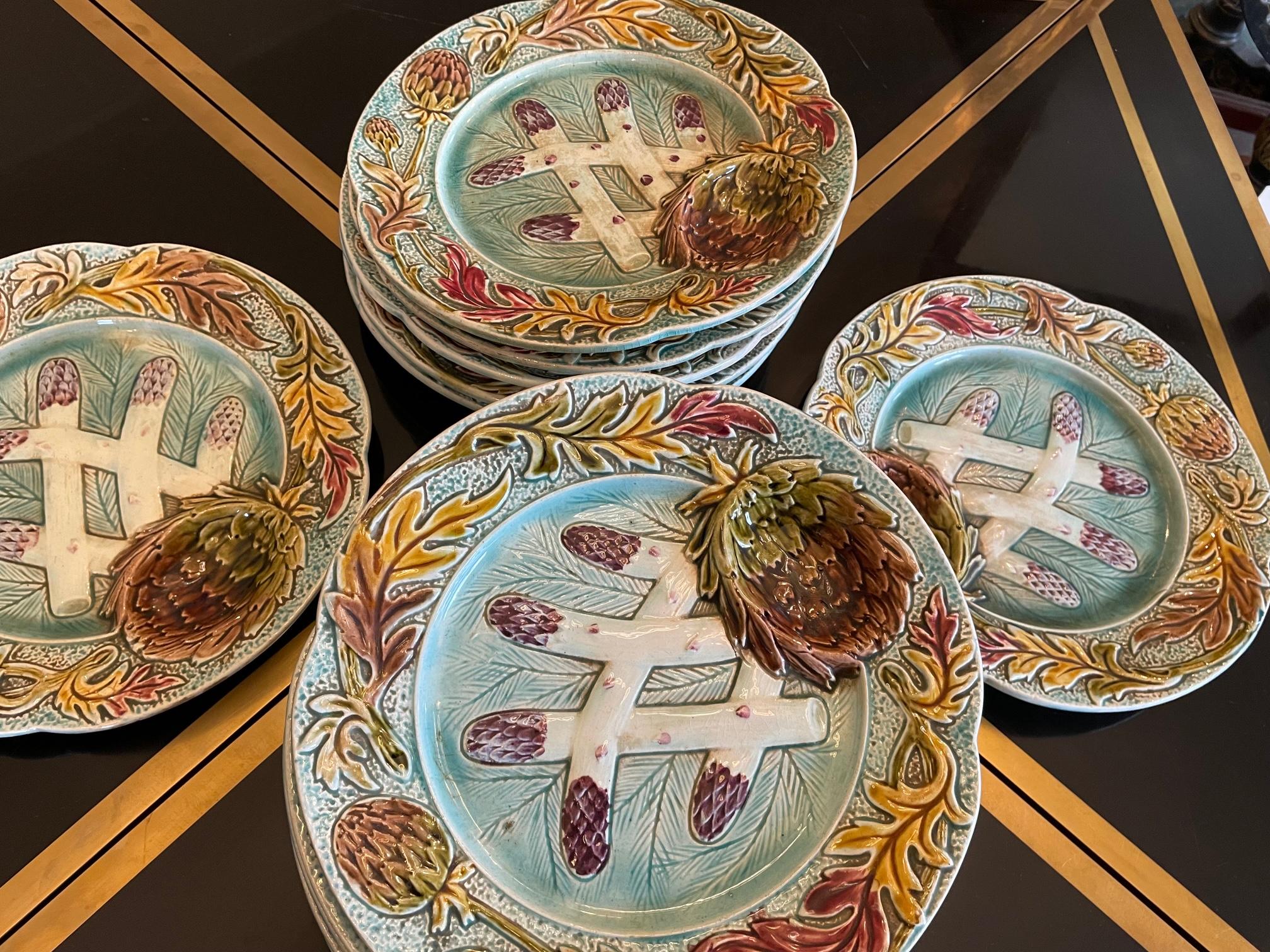 19th Century French Majolica Asparagus and Orchies Set of 12 Plates For Sale 1