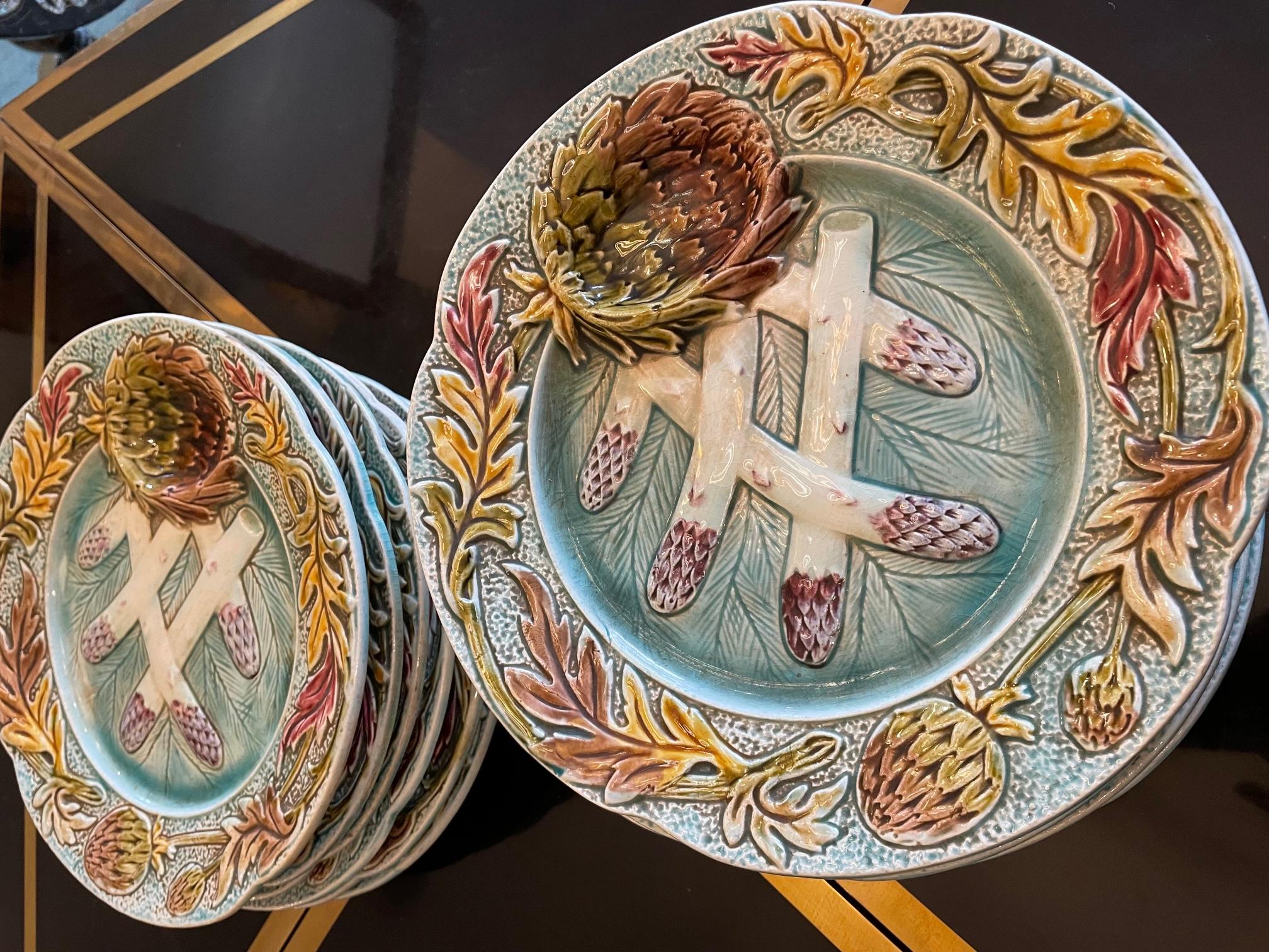 19th Century French Majolica Asparagus and Orchies Set of 12 Plates For Sale 3