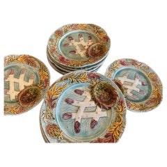 19th Century French Majolica Asparagus and Orchies Set of 12 Plates