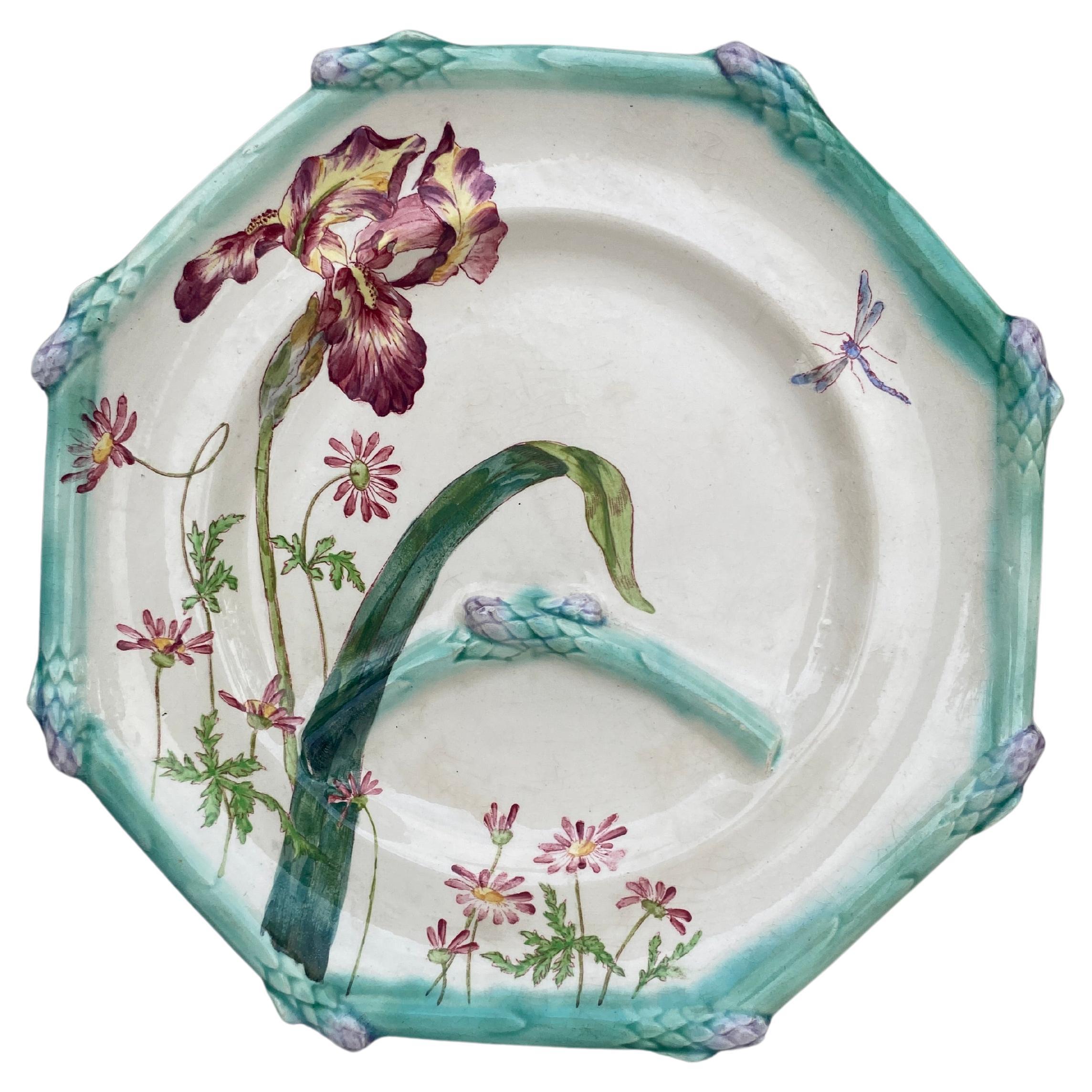 19th Century French Majolica Asparagus Plate Iris Longchamp