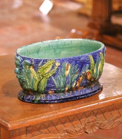 19th Century French Majolica Barbotine Cache Pot with Maskaron Handles