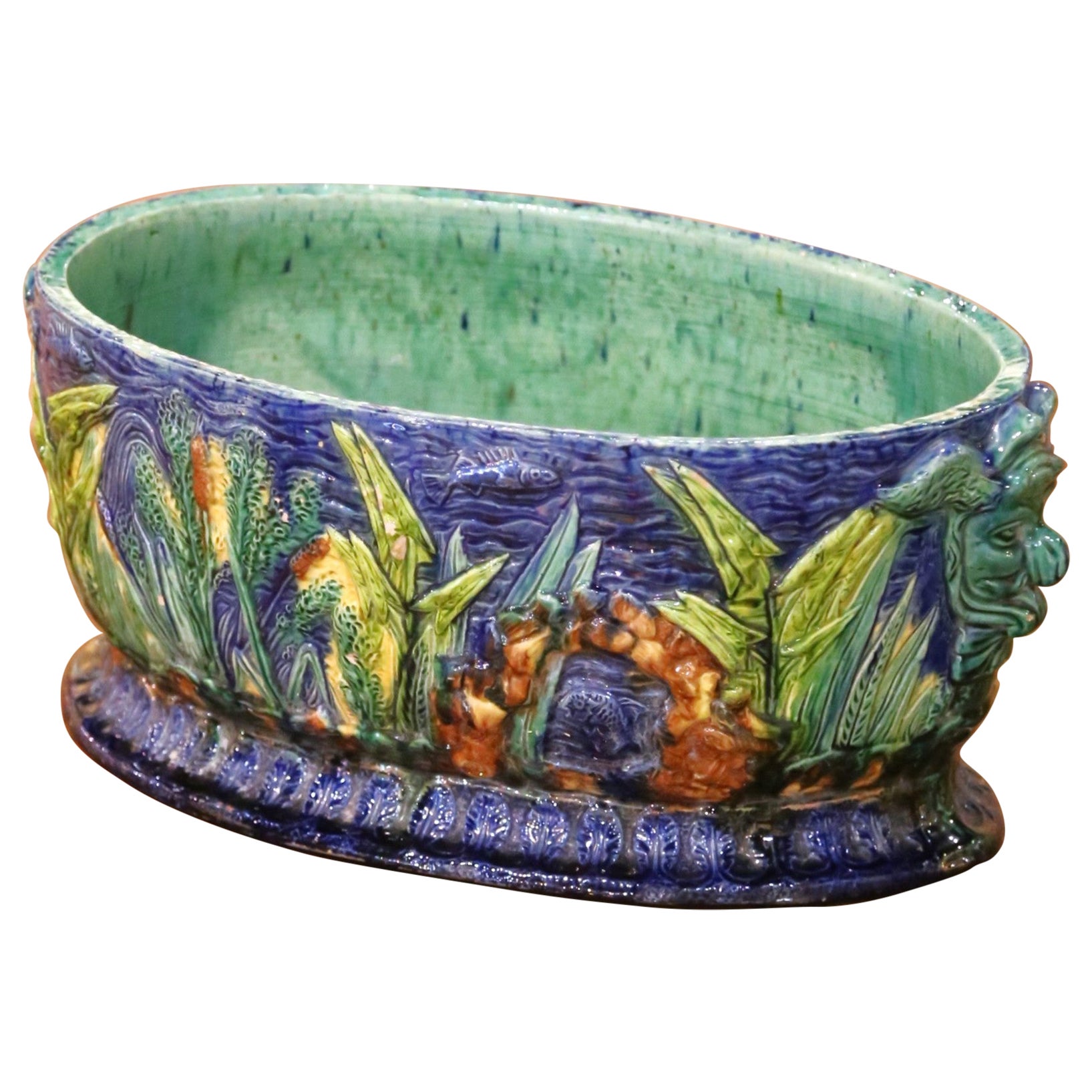 19th Century French Majolica Barbotine Cache Pot with Maskaron Handles