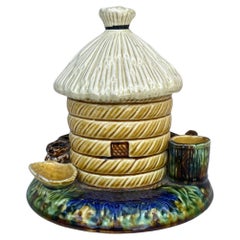 Antique 19th Century French Majolica Beehive Tobacco Jar