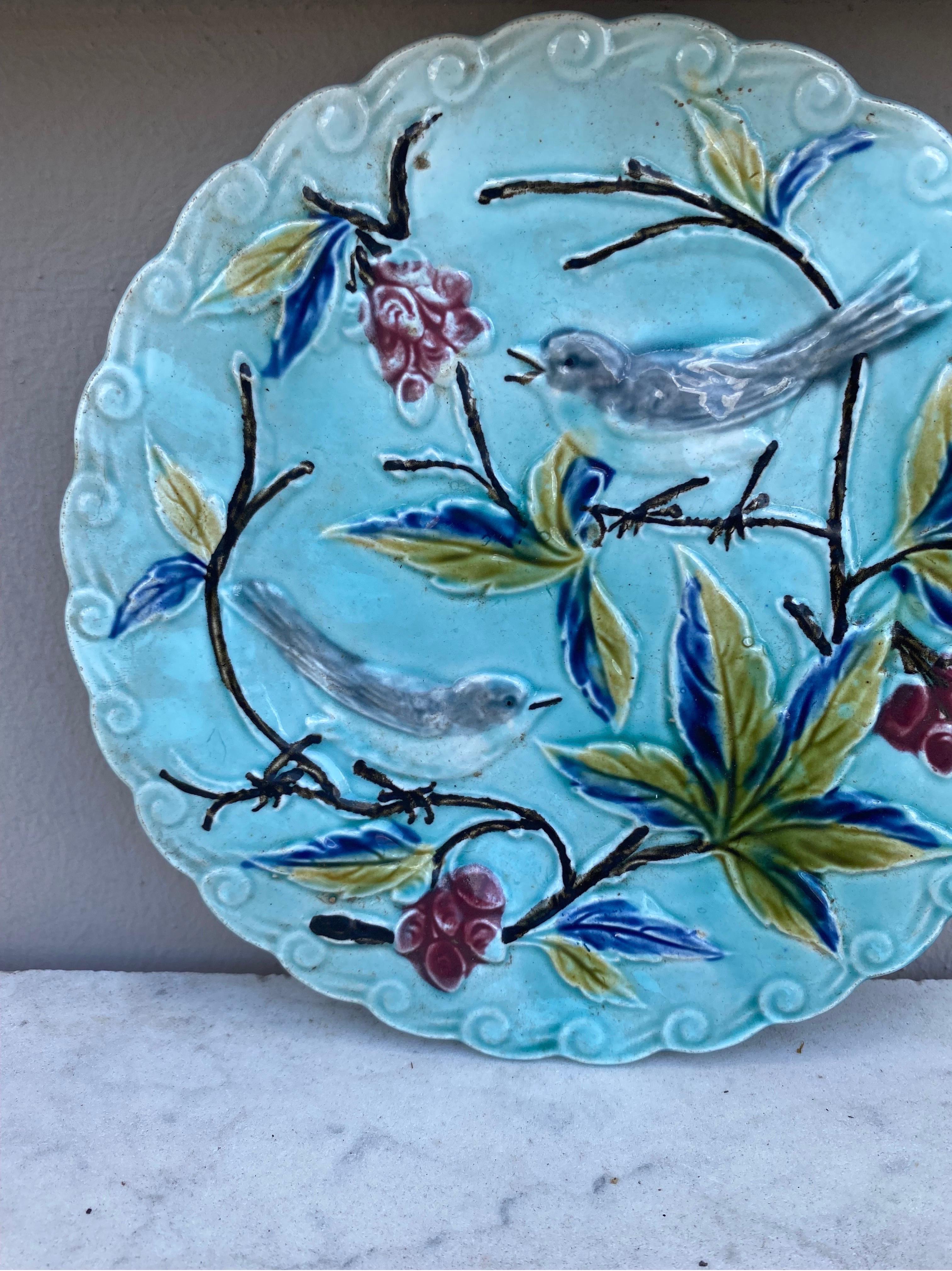 Late 19th Century 19th Century, French, Majolica Birds Plate Onnaing For Sale