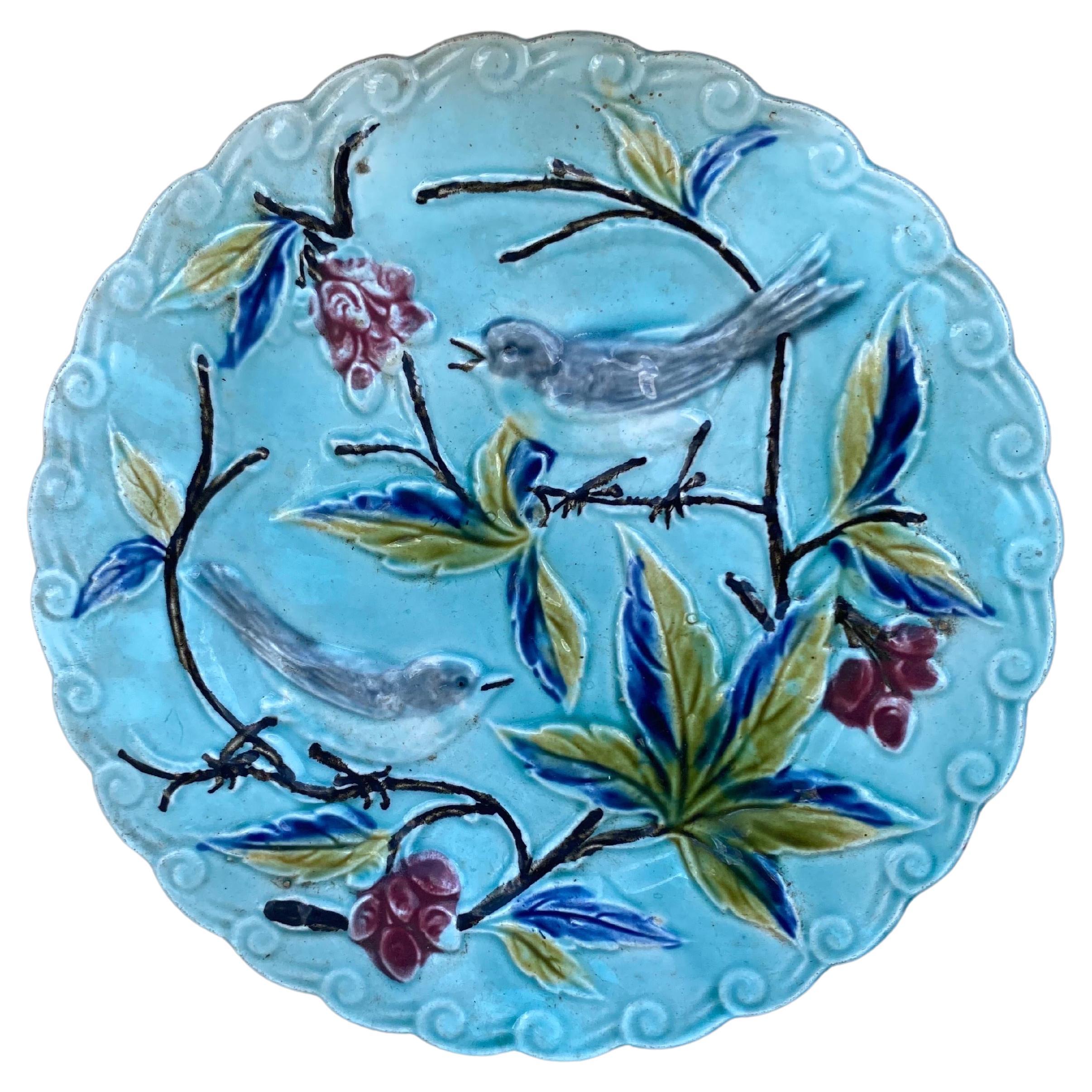 19th Century, French, Majolica Birds Plate Onnaing For Sale