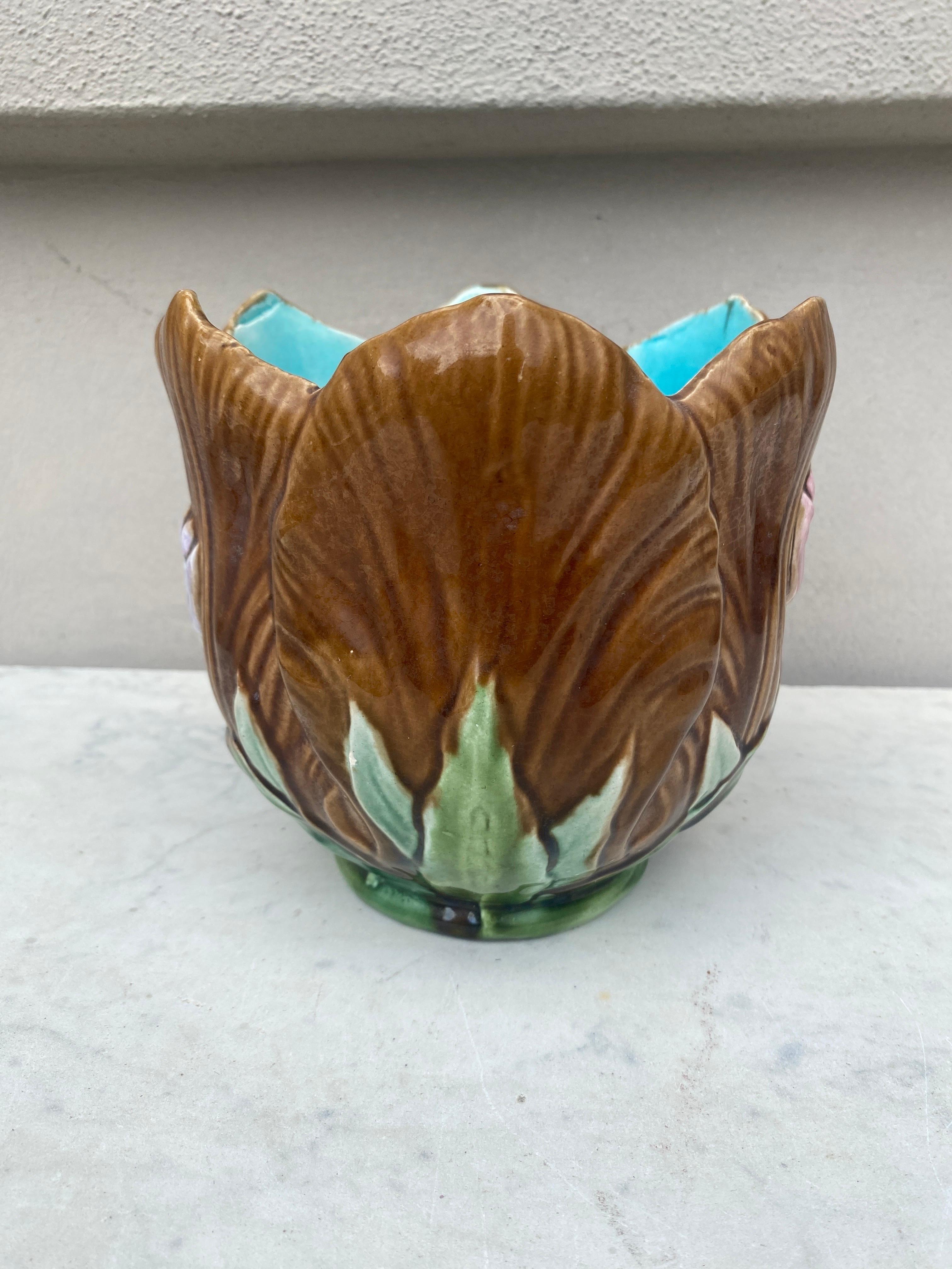Art Nouveau 19th Century French Majolica Brown Tulip Cache Pot