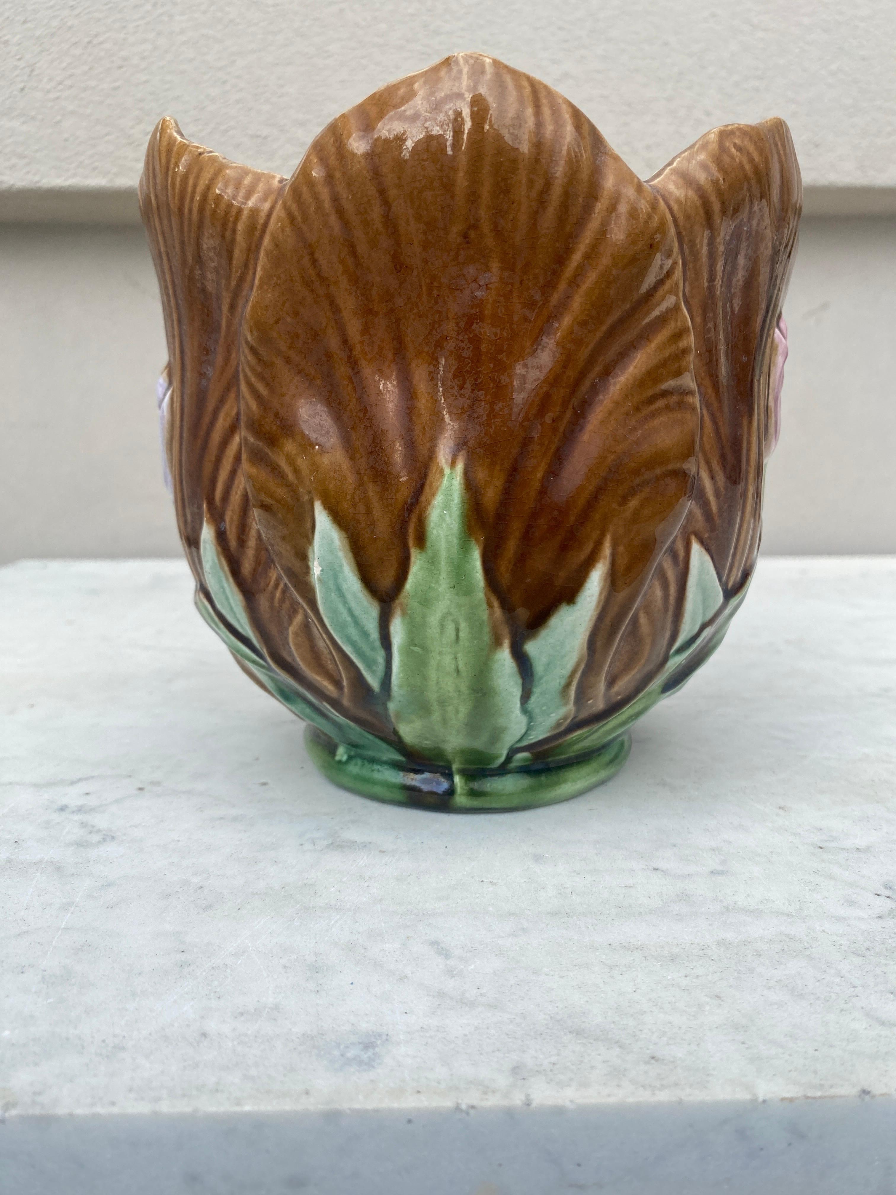 Ceramic 19th Century French Majolica Brown Tulip Cache Pot