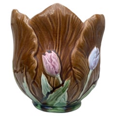 19th Century French Majolica Brown Tulip Cache Pot