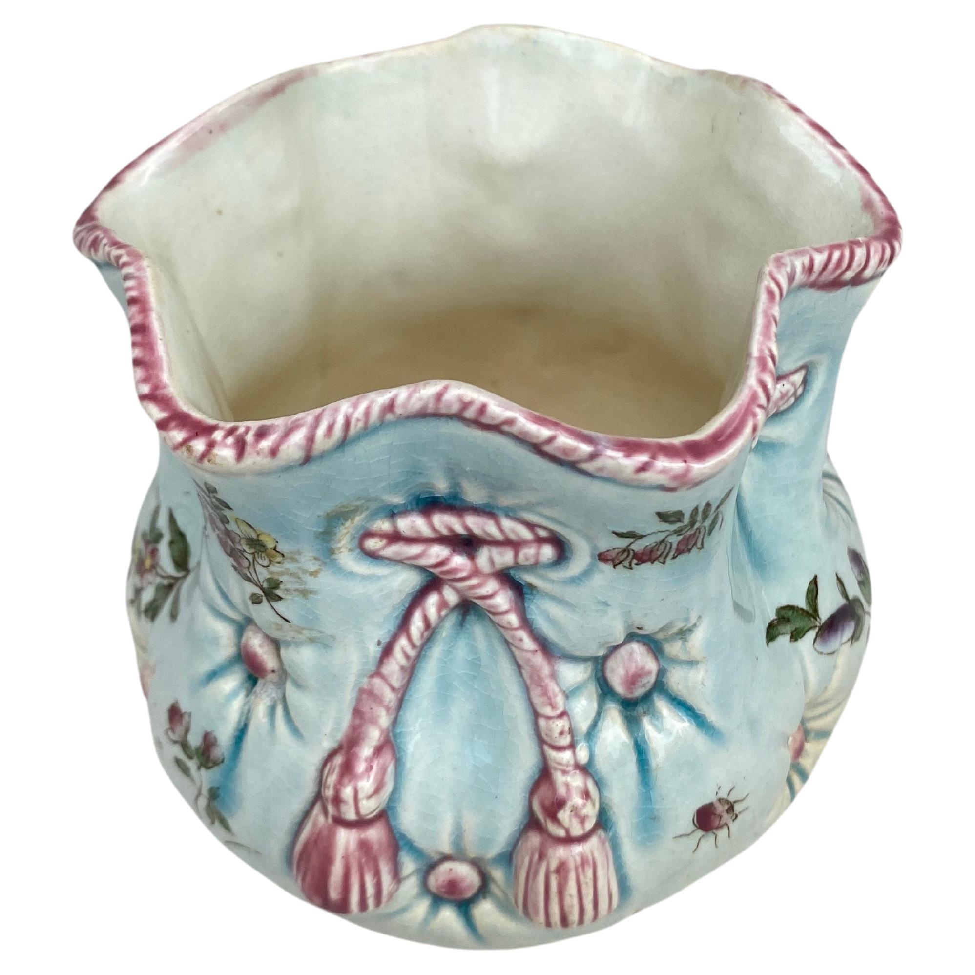 19th Century French Majolica cache pot bag signed Fives Lille.
Painted with flowers and insects.