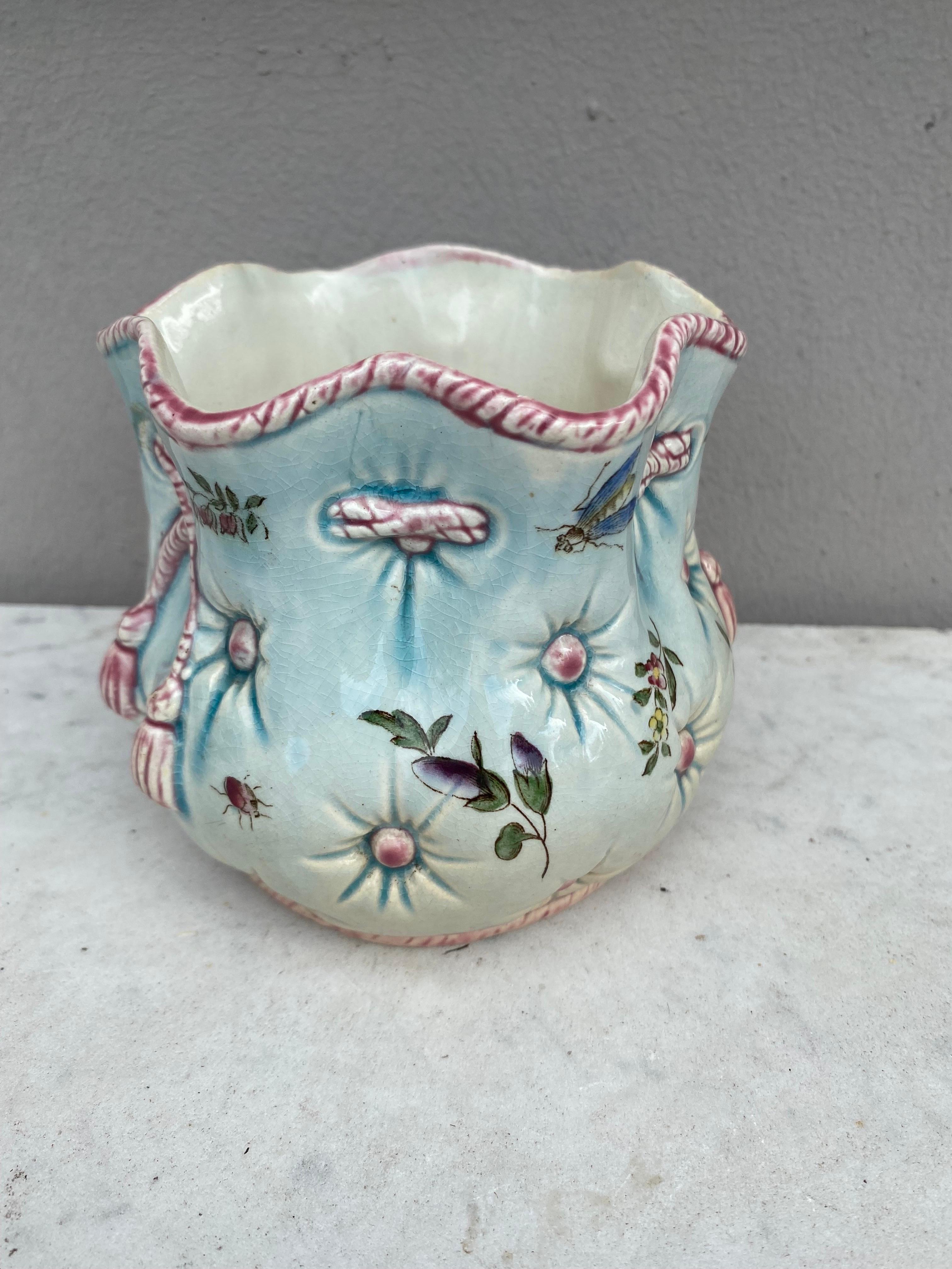 French Provincial 19th Century French Majolica Cache Pot Bag Fives Lille For Sale