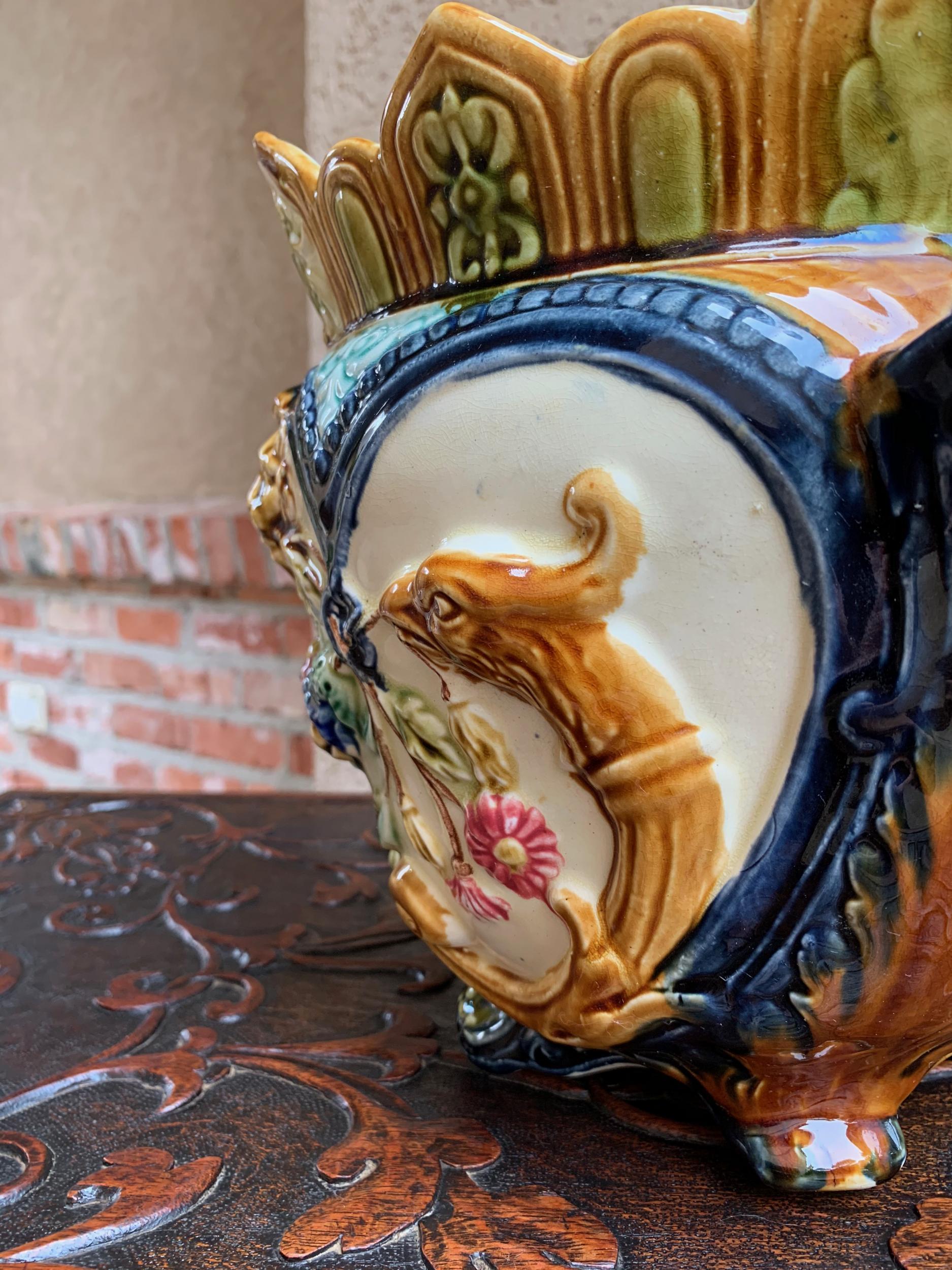 19th century French Majolica Cache Pot Planter Jardinière Lion Onnaing Barbotine 11